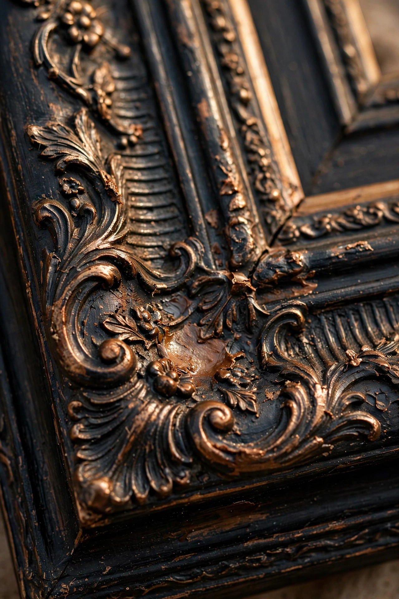 dark frame with rubbed bronze wax on raised details
