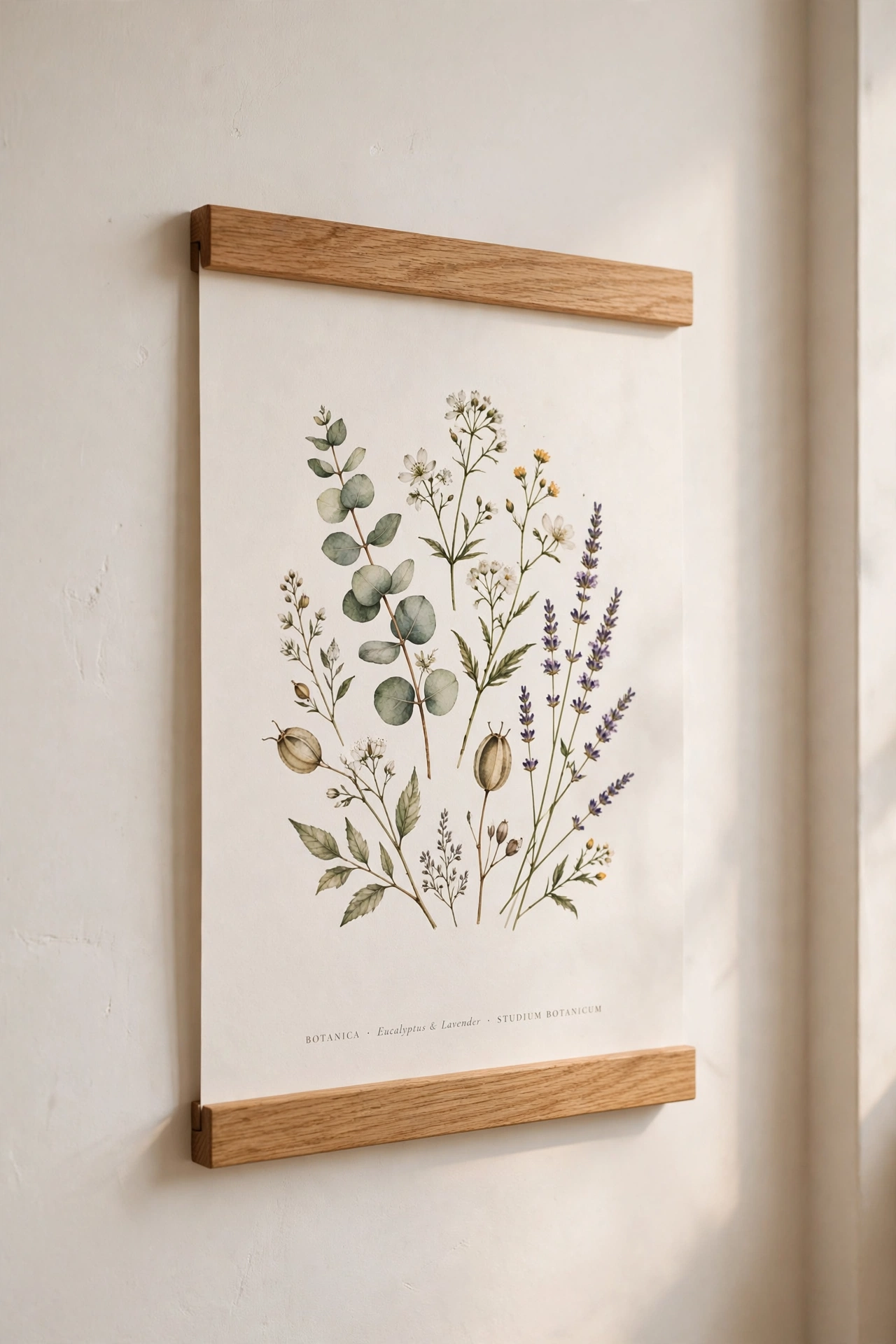 magnetic wooden poster bars holding art print on wall