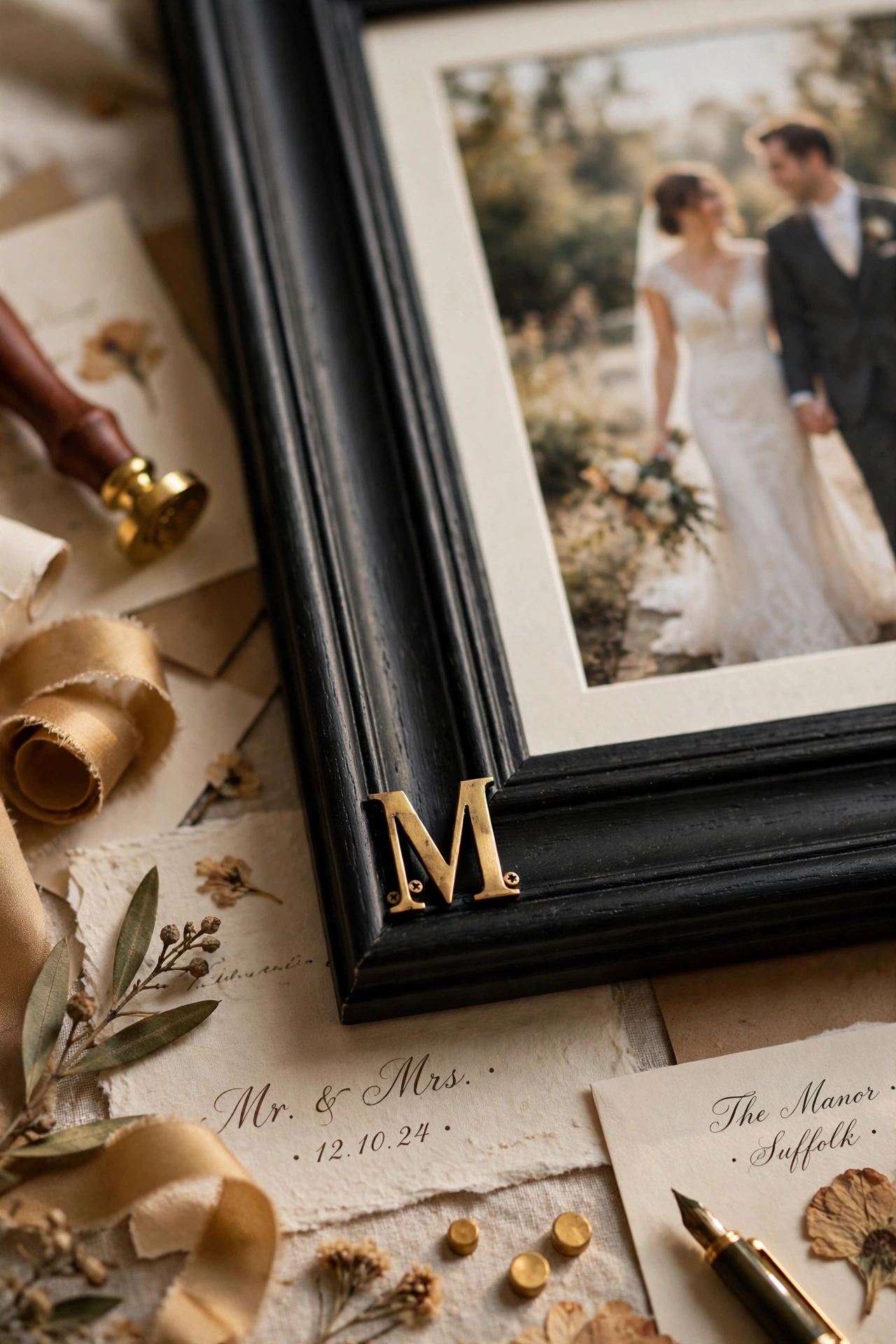 brass initial monogram on bottom corner of picture frame
