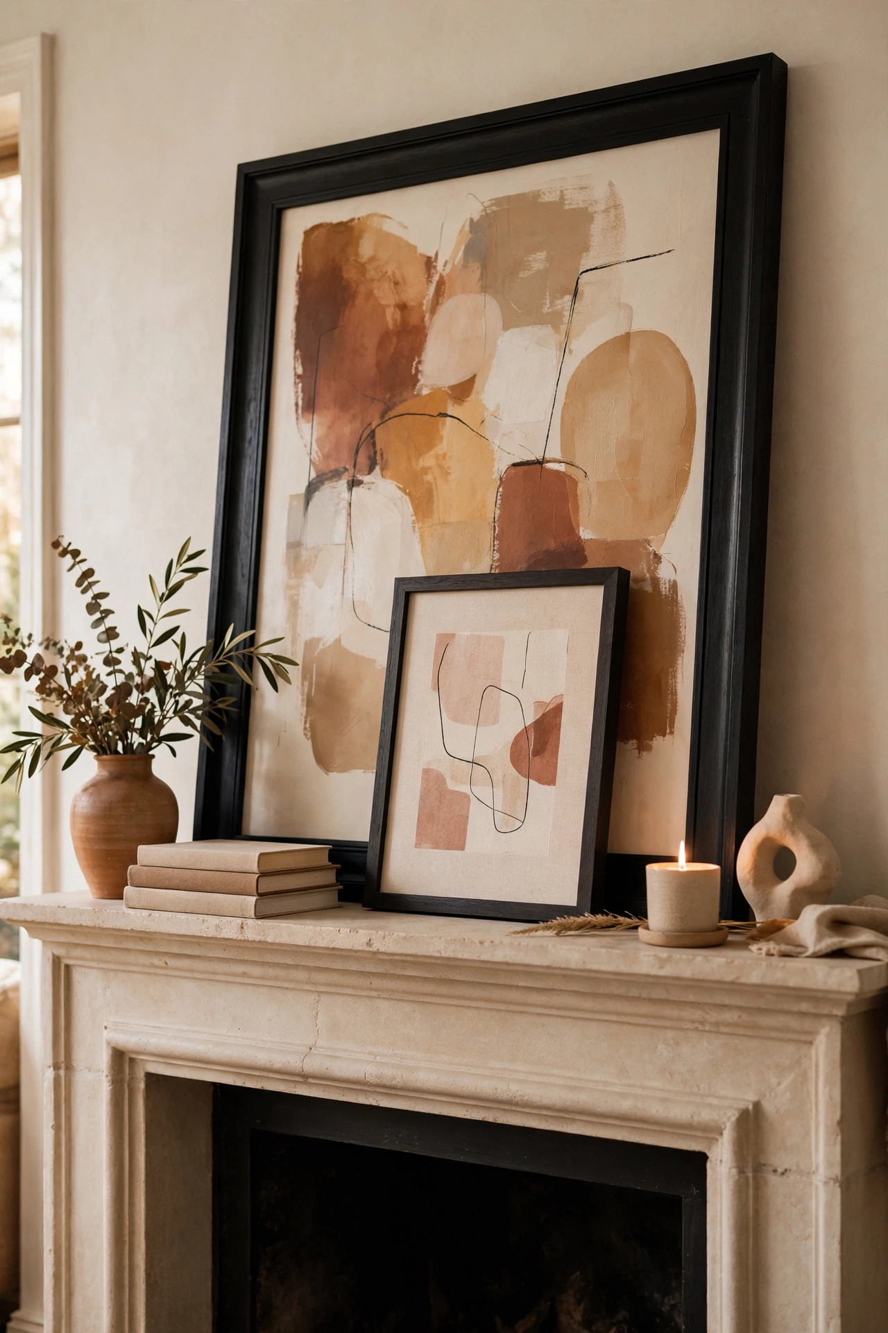 oversized frame leaned casually on living room mantel