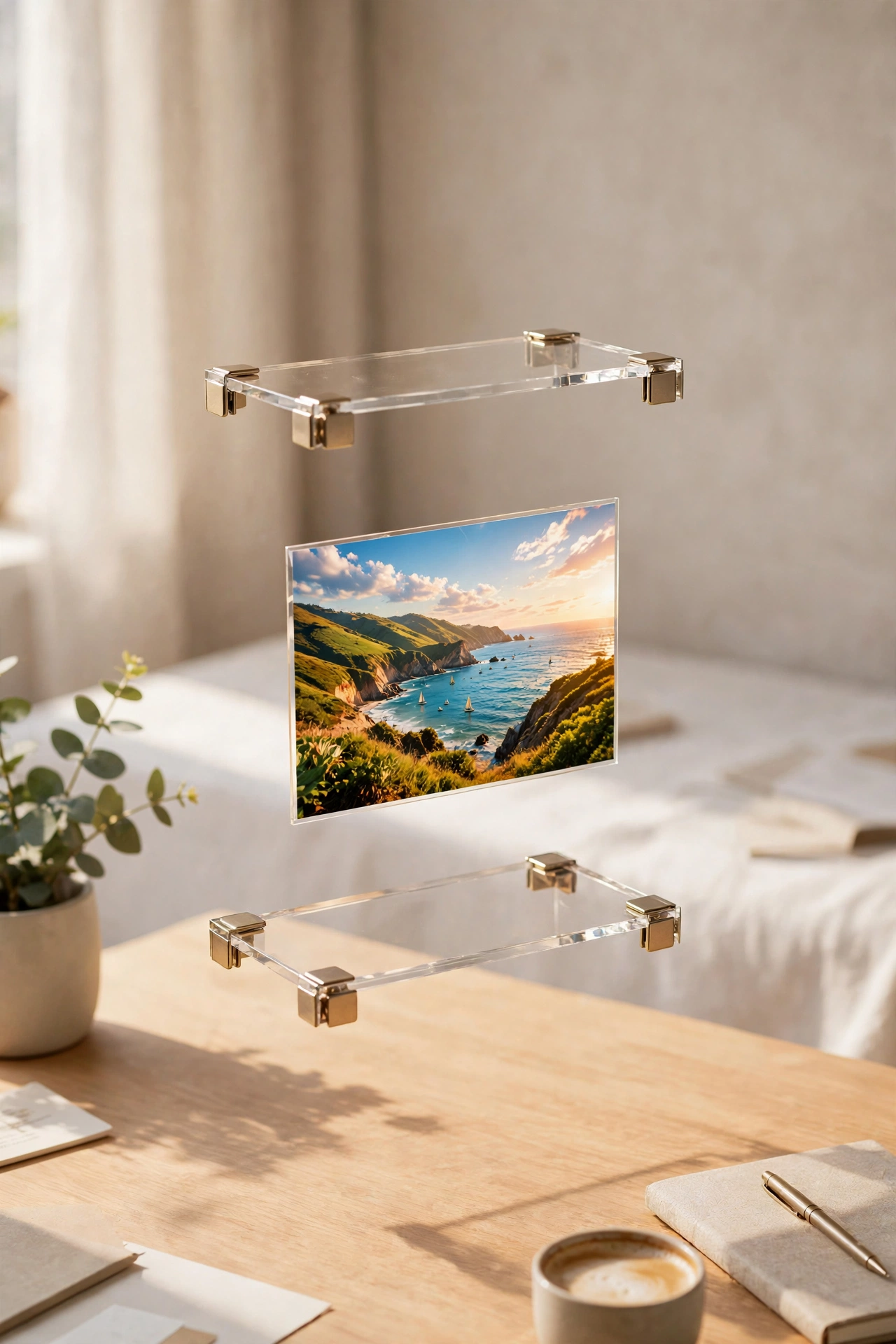photo suspended between two acrylic blocks on desk