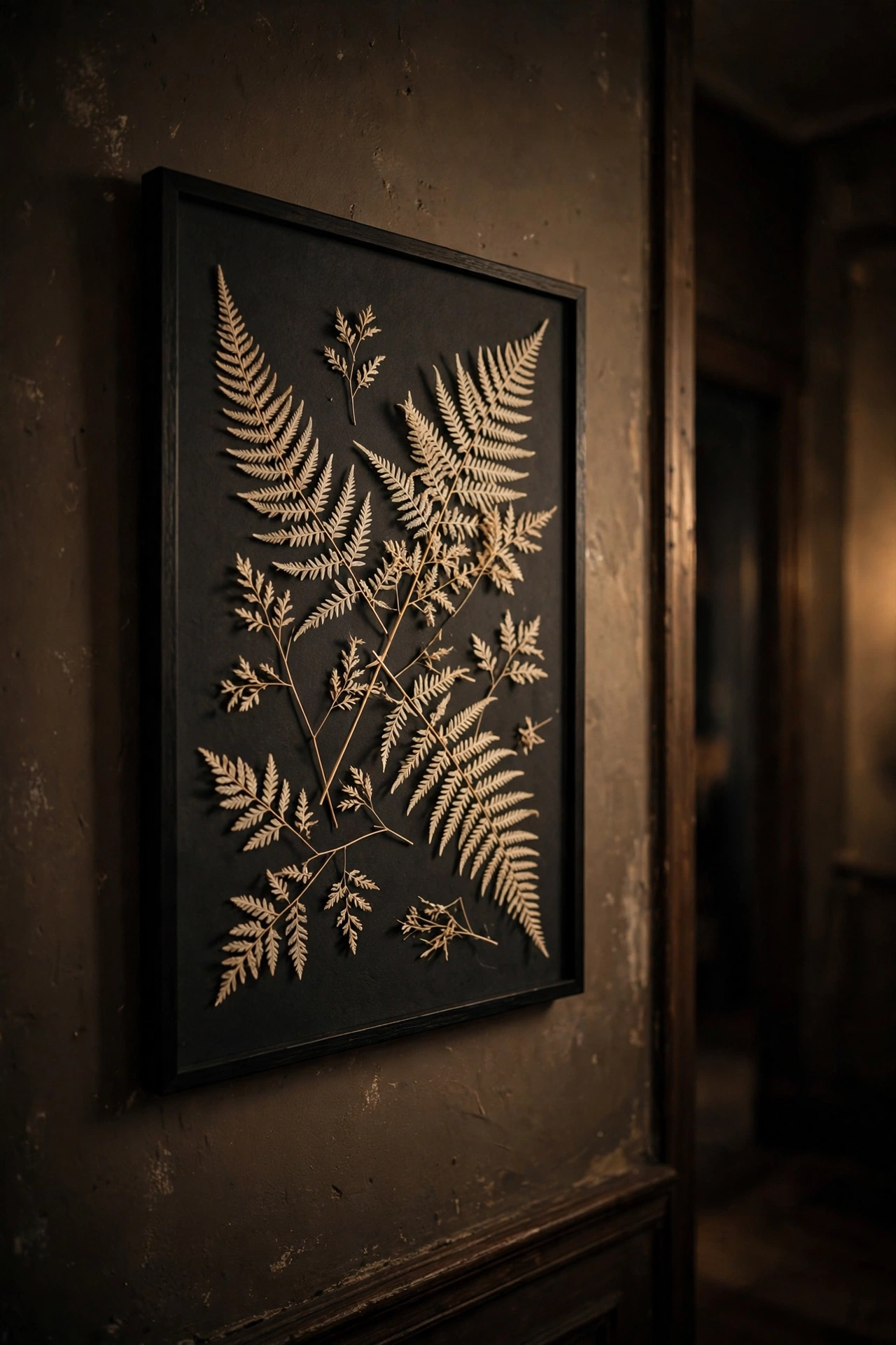 dried ferns on dark charcoal backing in simple frame