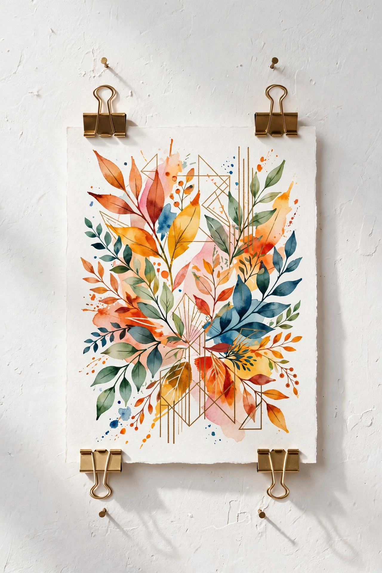 art print held by brass binder clips on white wall