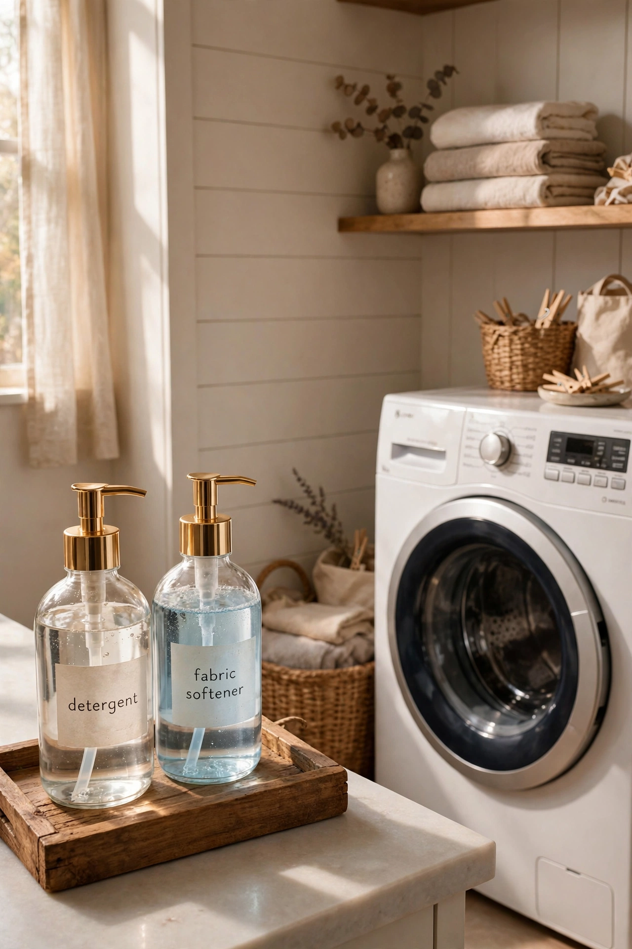 Matching pump dispensers with detergent and softener labels on a laundry room shelf