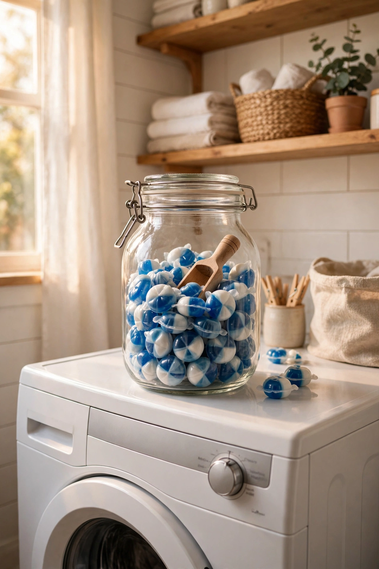 Clear glass clamp-lid jar filled with colourful laundry pods on a washer