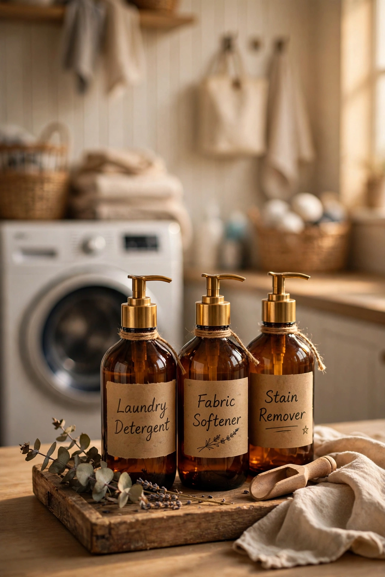 Amber glass bottles with handwritten labels holding fabric softener in a laundry room