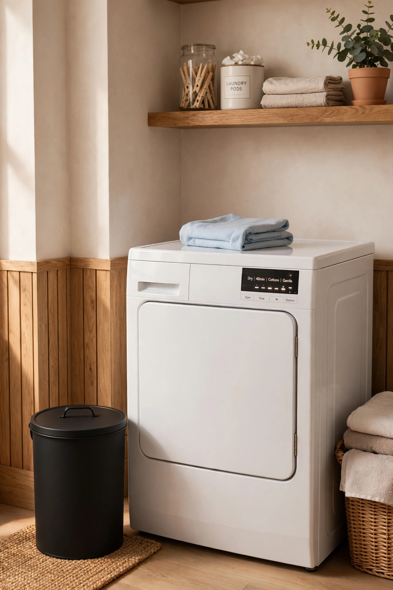 Small lidded lint bin in matte black beside a tumble dryer
