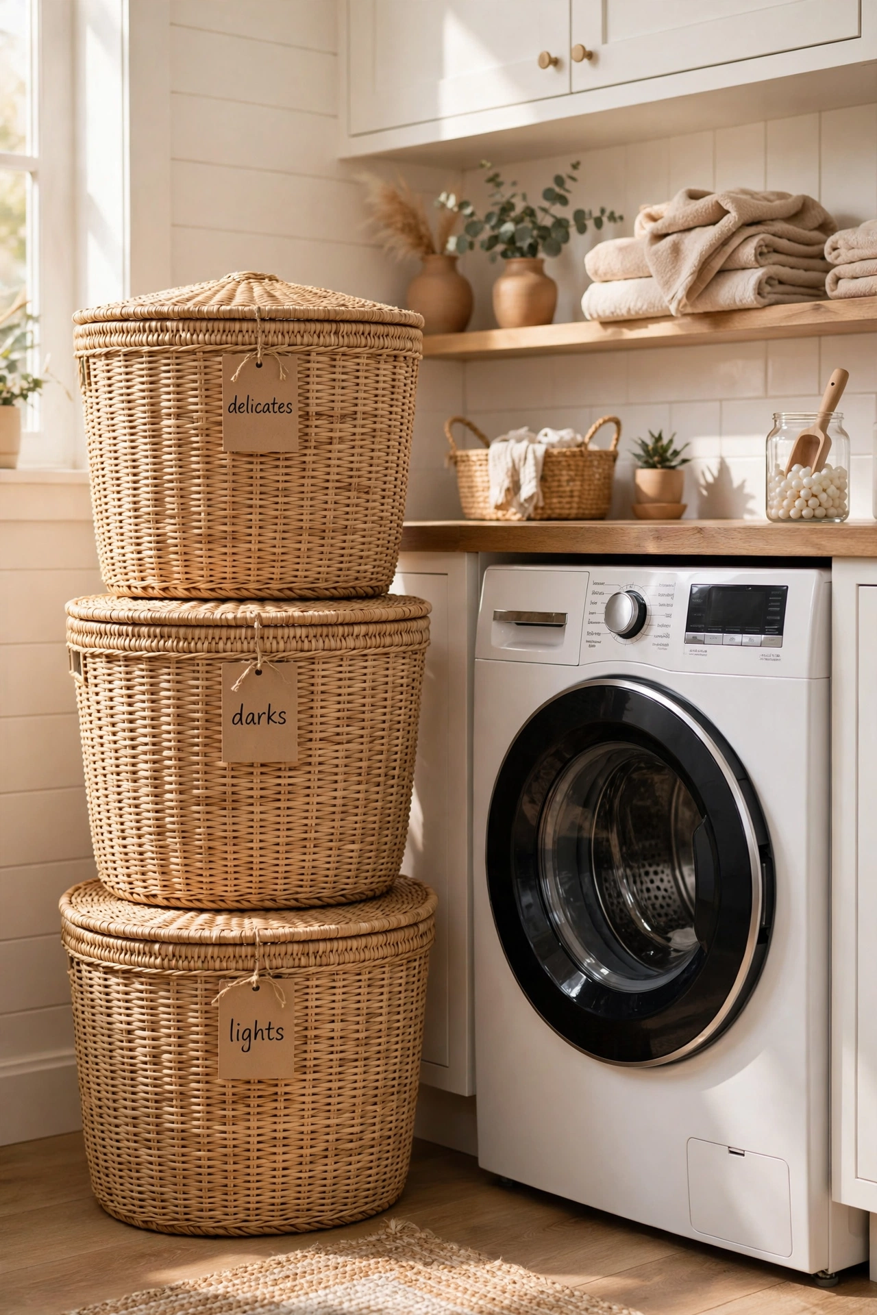 Three matching lidded laundry baskets labelled lights darks and delicates