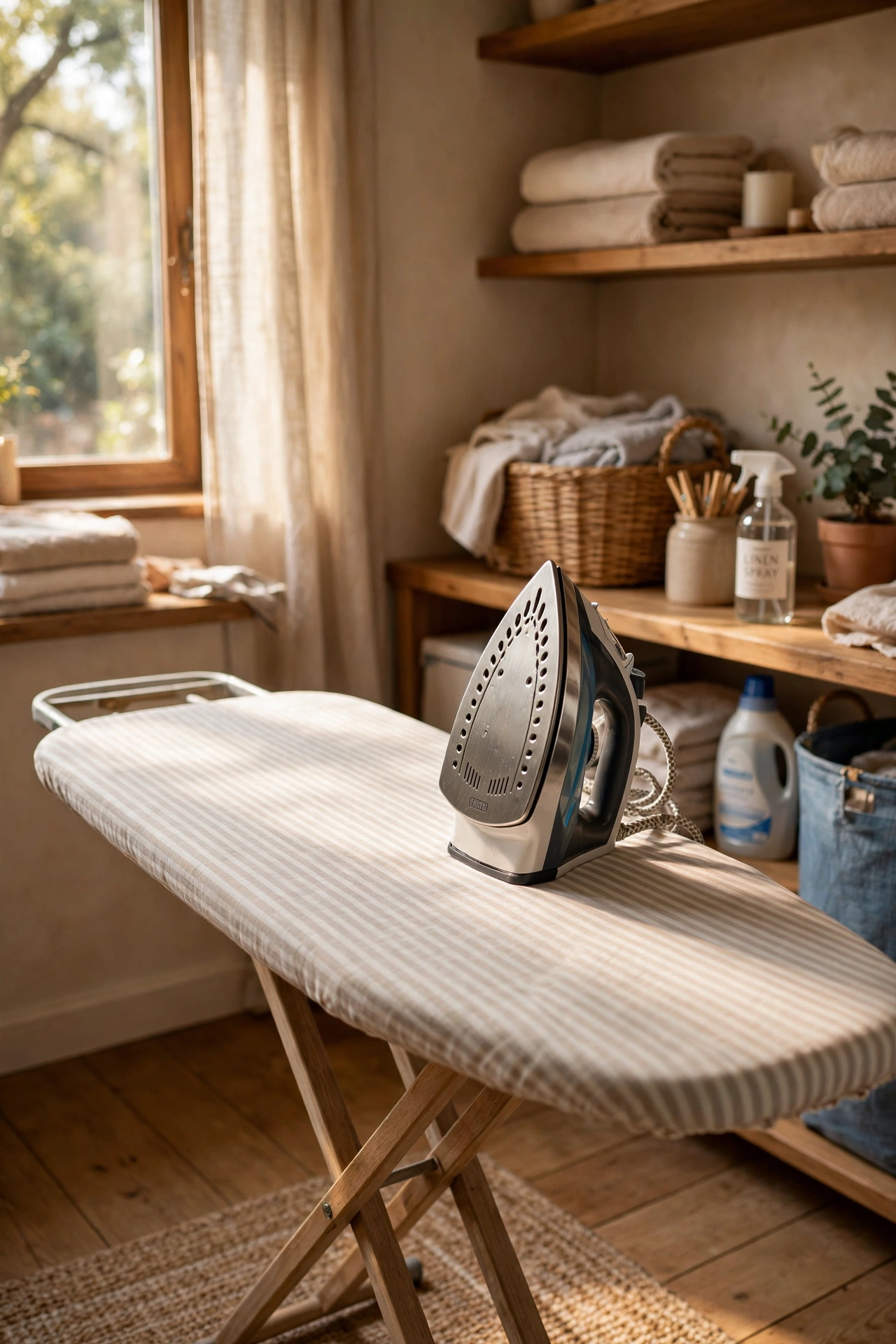 Ironing board with a fresh striped padded cotton cover in a laundry room