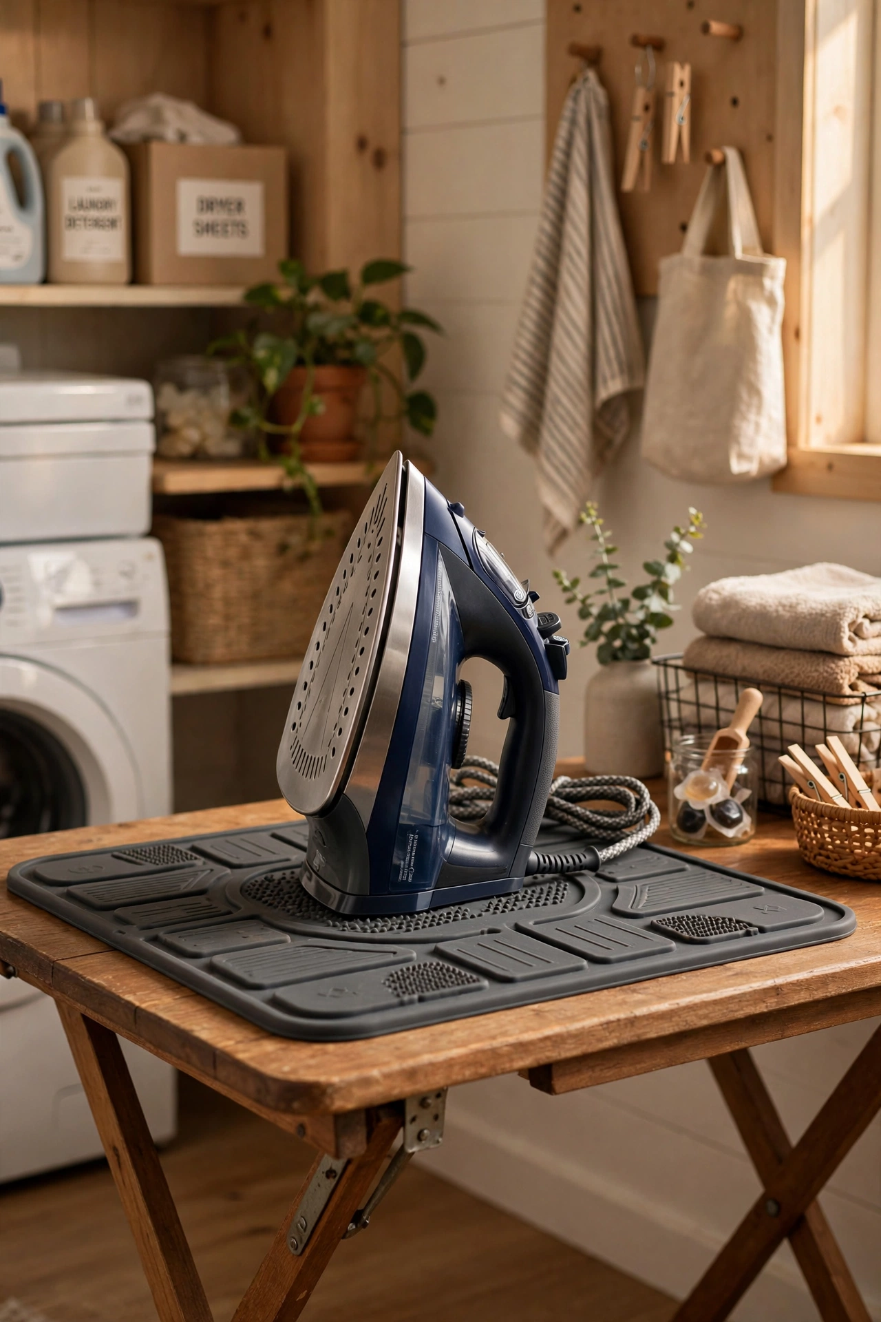 Dark silicone iron rest mat on a folding table with a steam iron