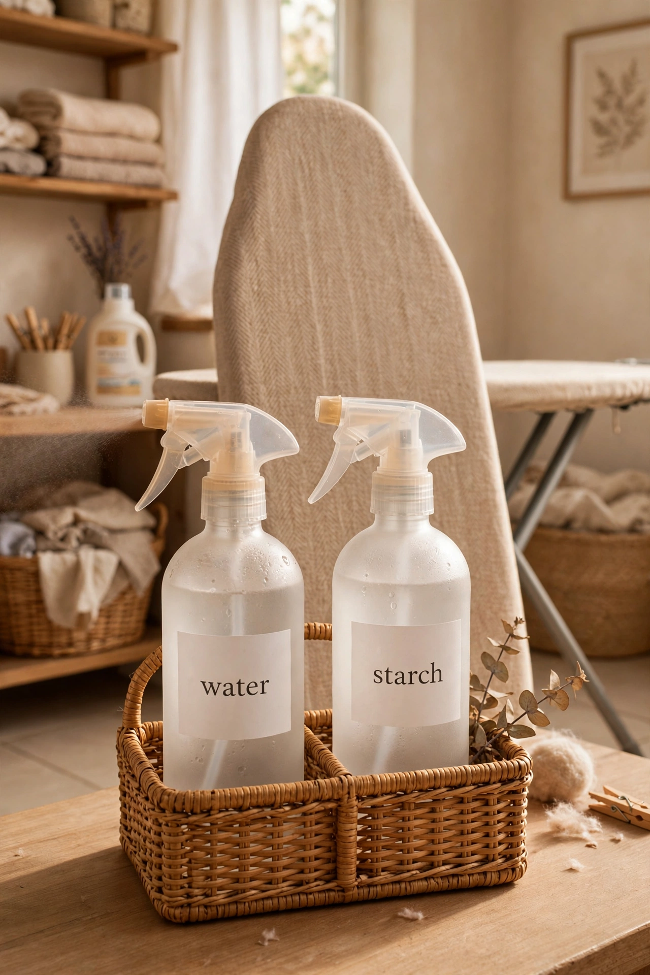 Two matching misting spray bottles labelled starch and water in an ironing caddy