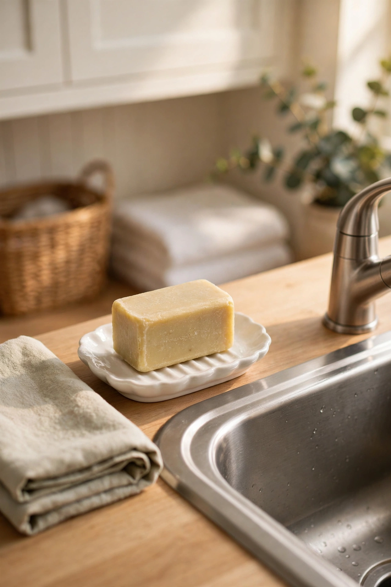 Solid stain remover bar resting on a small white ceramic soap dish