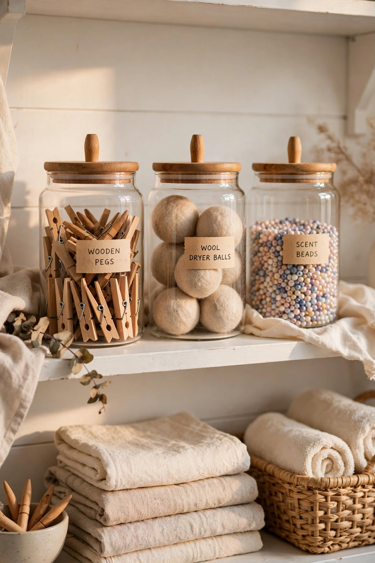 Row of matching glass canisters labelled pegs dryer balls and scent beads on a shelf