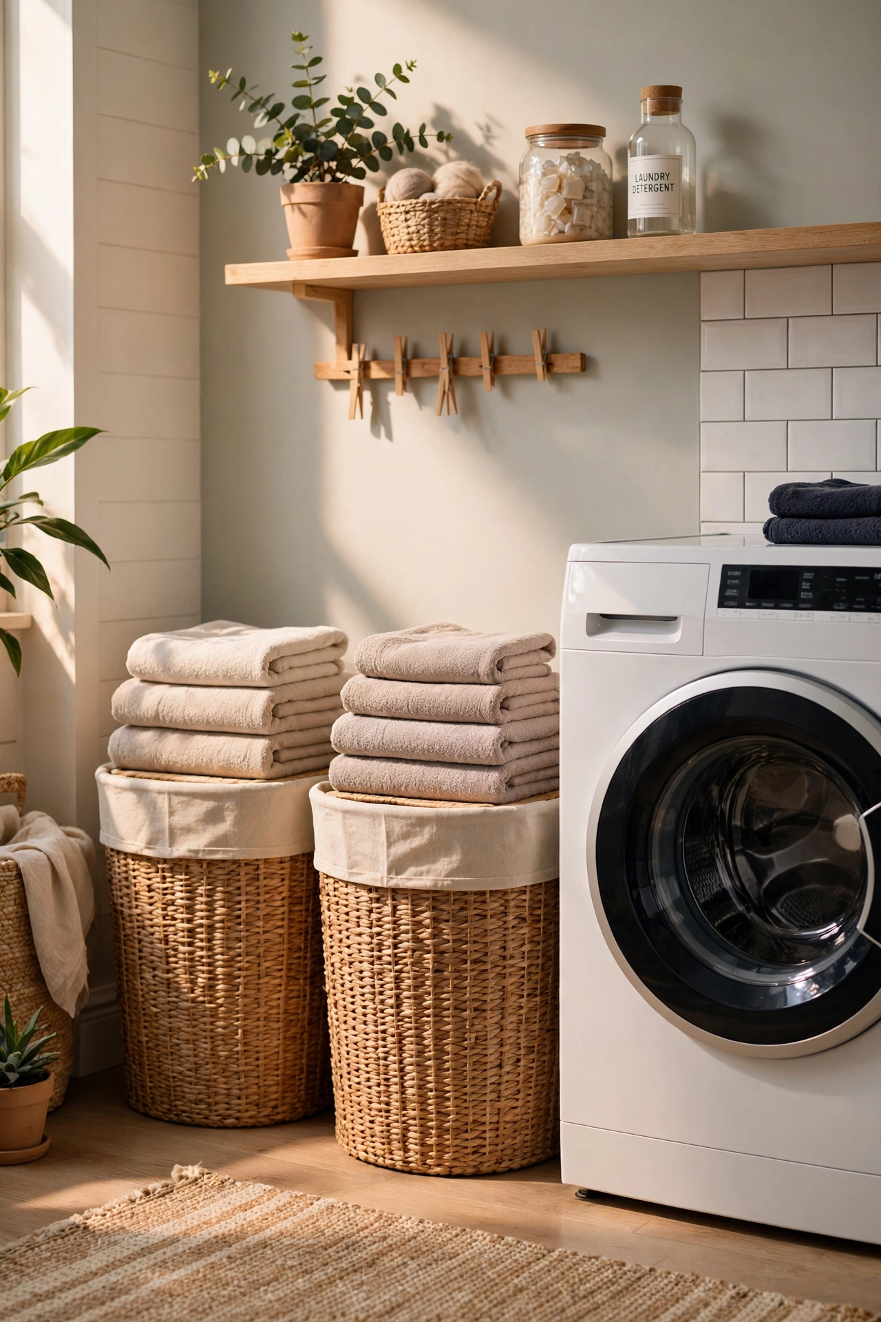 Two woven-look laundry hampers in natural finish beside a washing machine