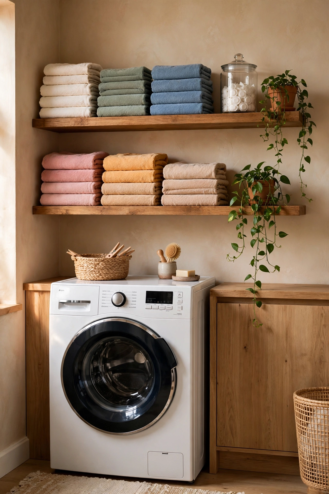 Open laundry shelves with neatly folded towels stacked by colour