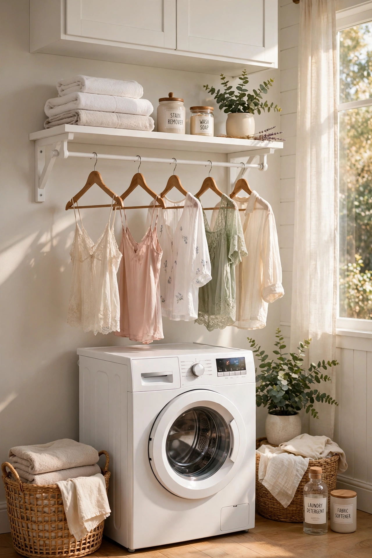 Tension rod fitted under a laundry shelf with delicates hanging to dry