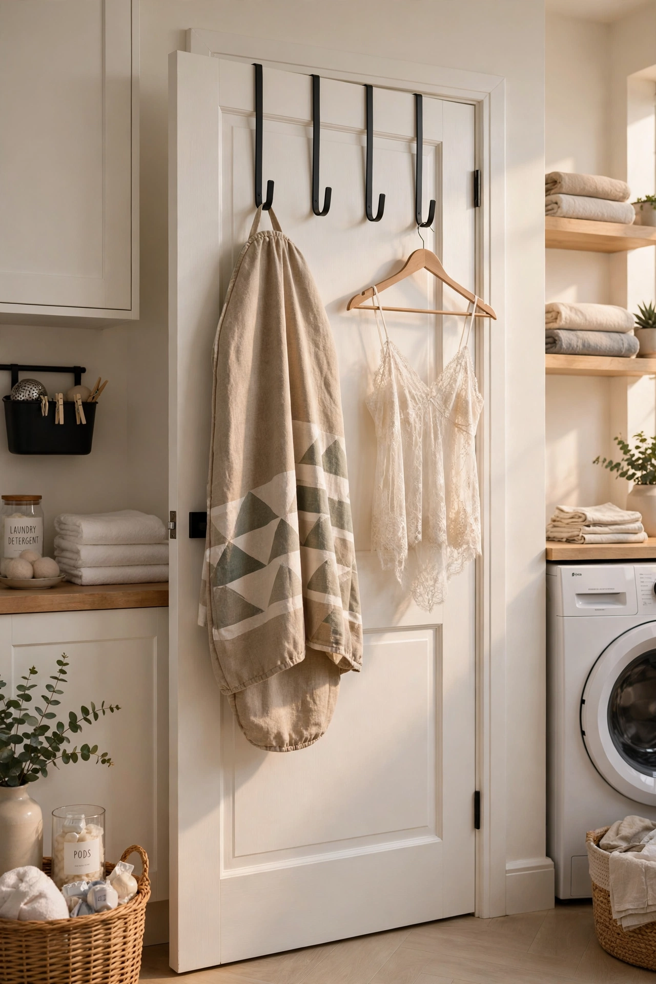Slim over-door hooks in matte black finish on a laundry room door
