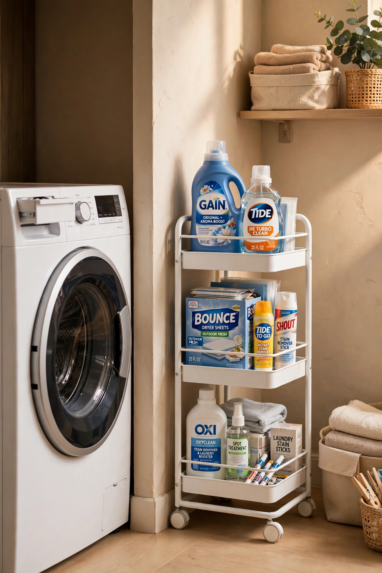 Slim three-tier rolling cart stocked with laundry supplies in a narrow gap