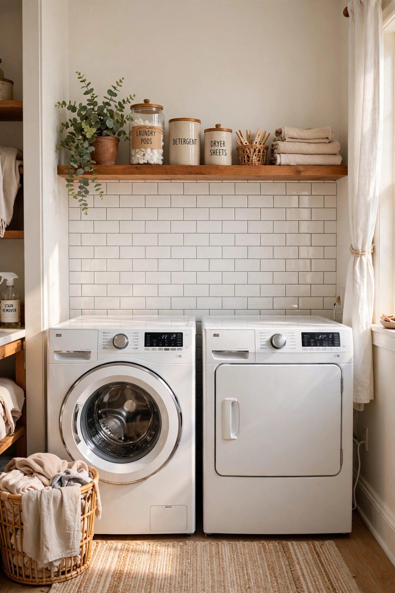Peel-and-stick subway tile backsplash behind a washer and dryer