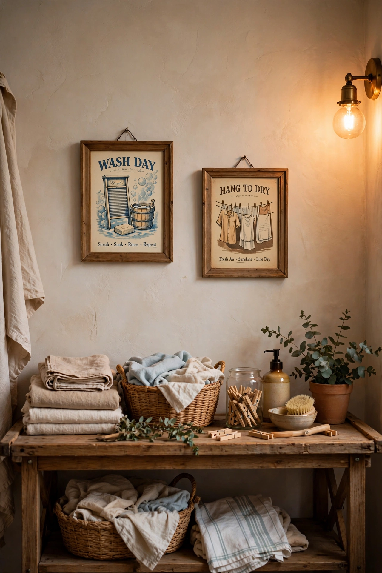 Two framed vintage laundry prints hung above a folding counter