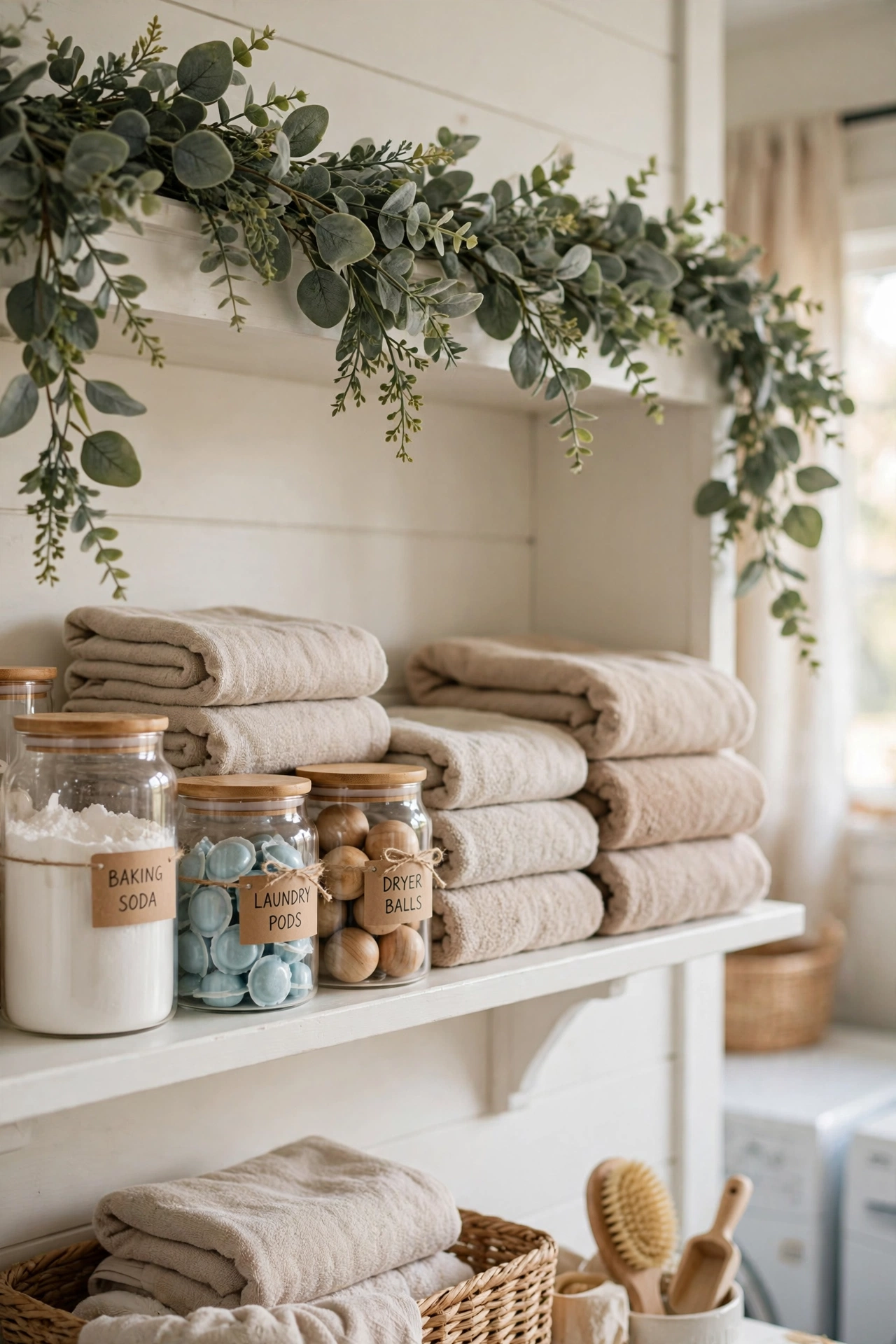 Faux eucalyptus garland draped along a laundry room shelf