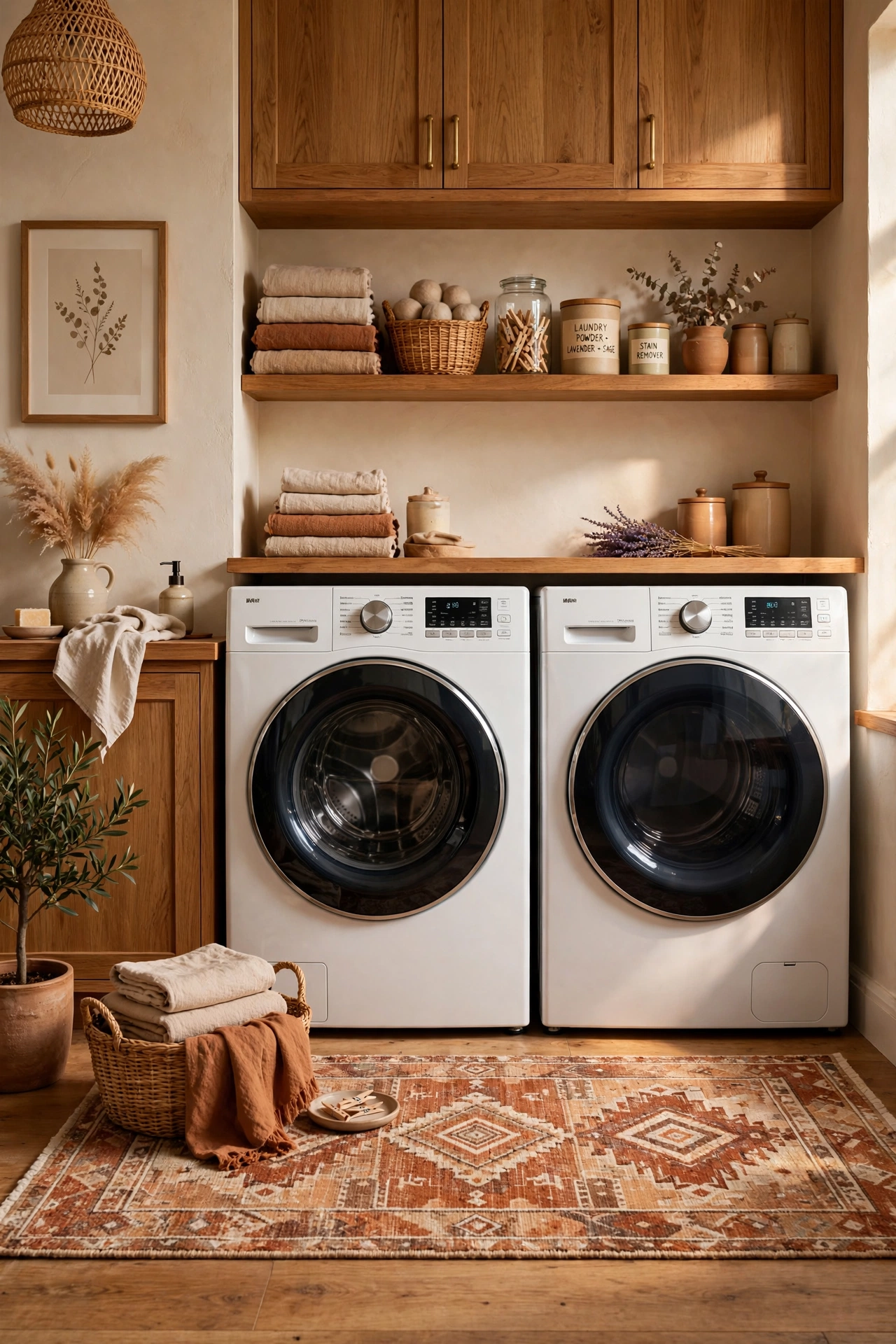 Low-pile patterned washable runner rug in front of a washer and dryer