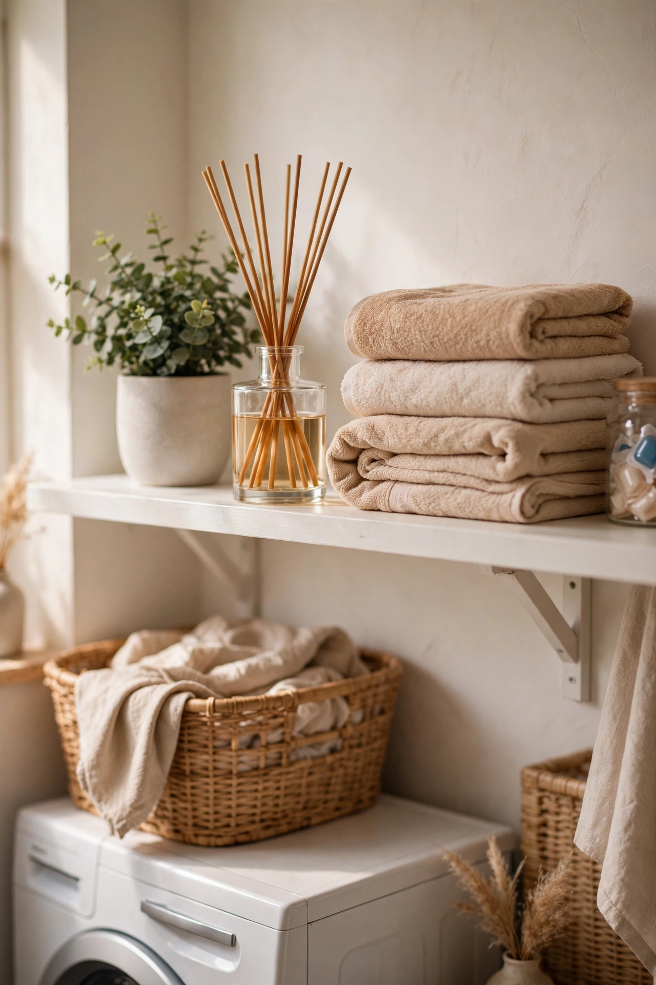 Reed diffuser in fresh linen scent on a high laundry shelf