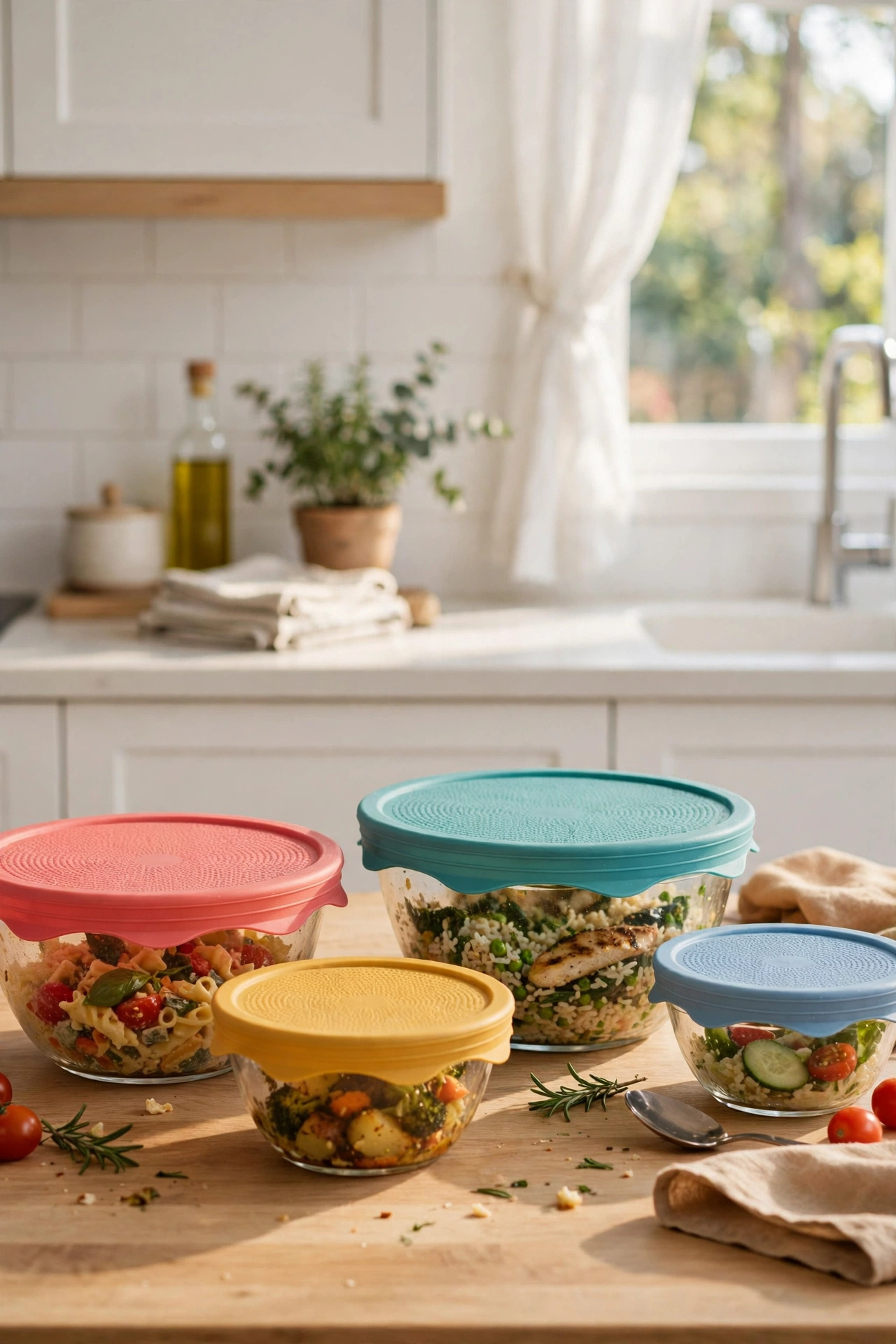 Colourful silicone stretch lids sealing bowls of leftovers in a kitchen