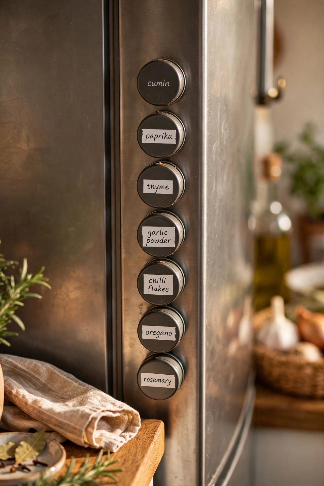 Magnetic spice tins with white labels stuck to the side of a fridge