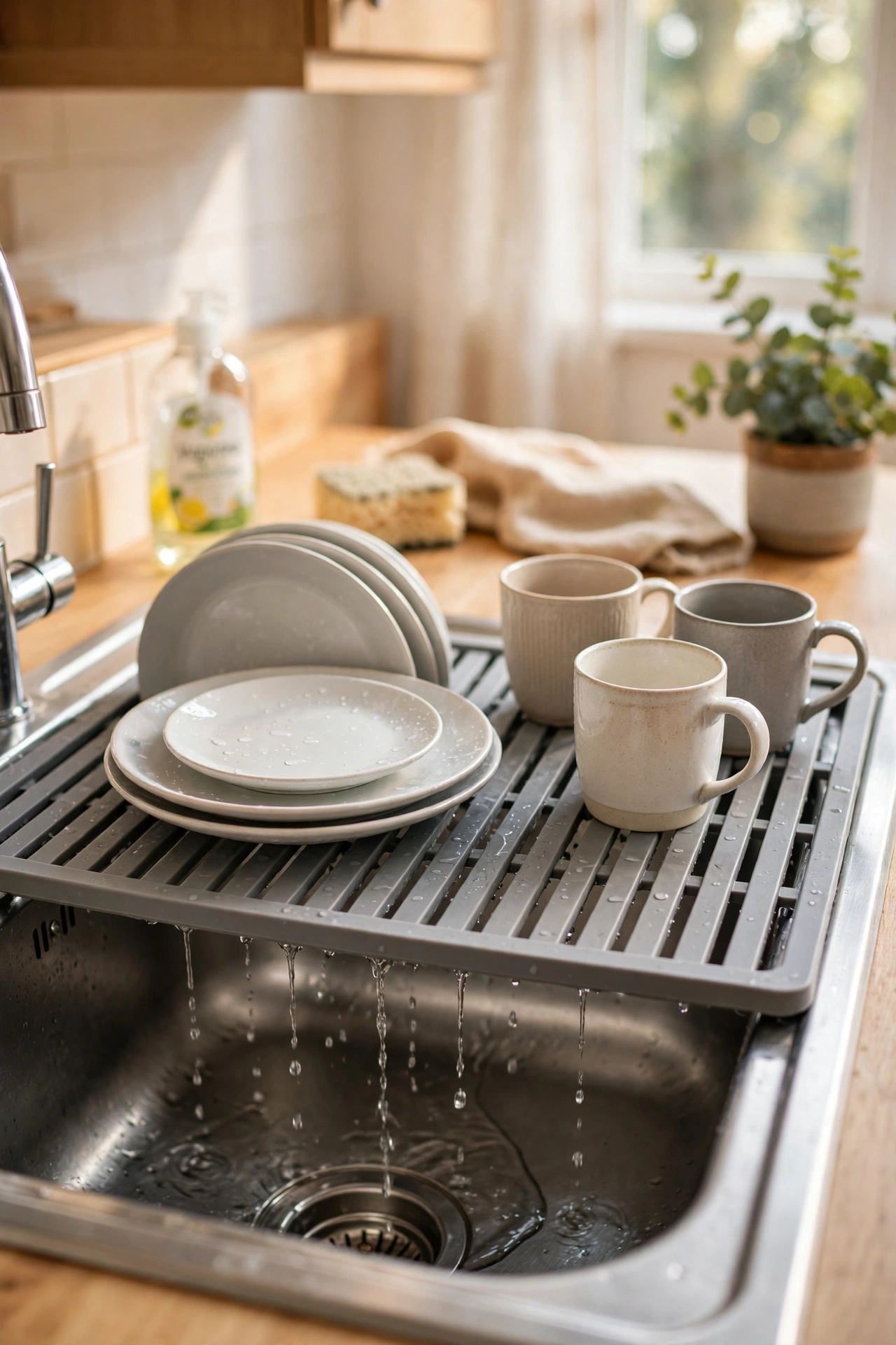 Roll-up over-sink drying mat with washed dishes over a kitchen sink