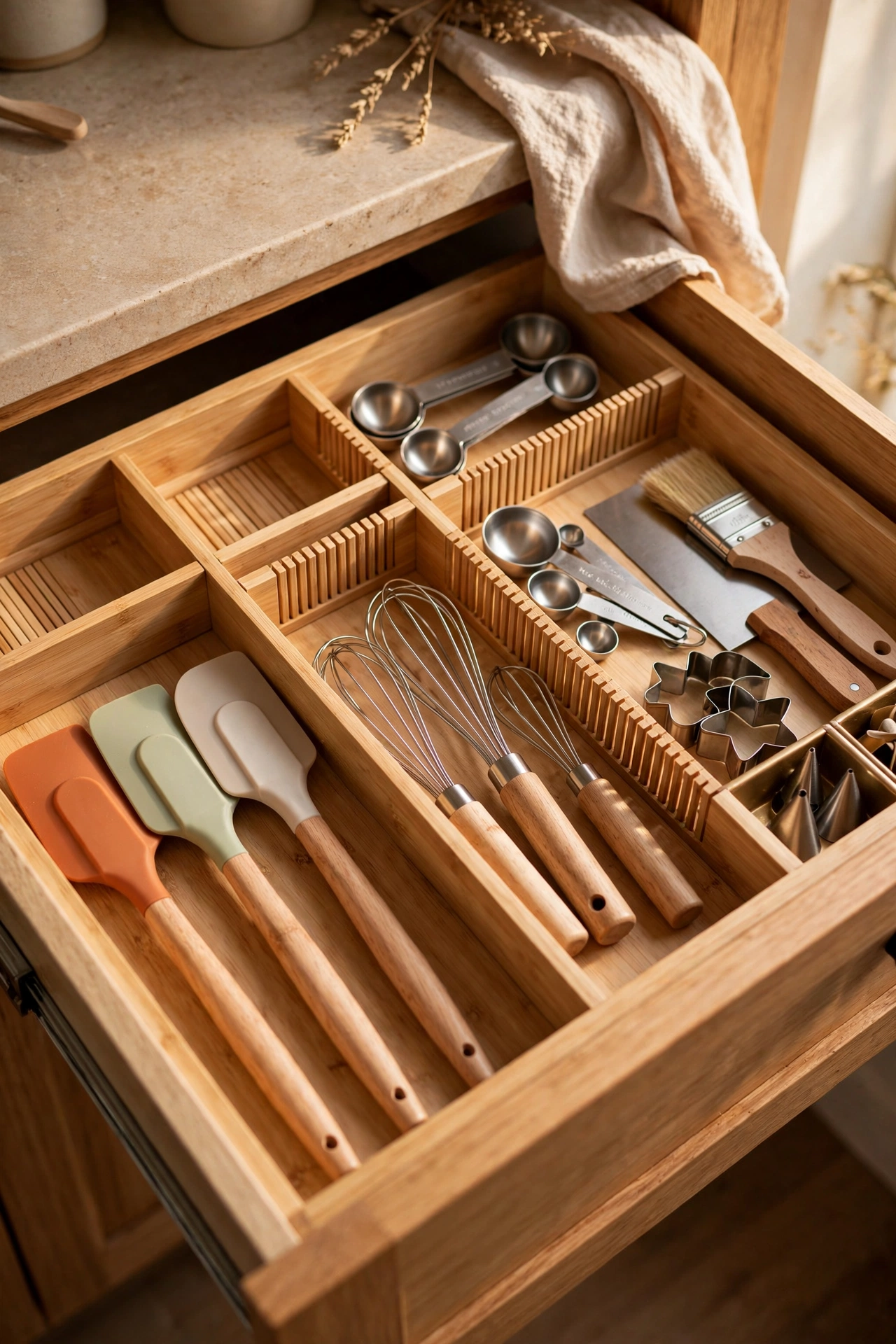 Bamboo spring-loaded drawer dividers organising a utensil drawer