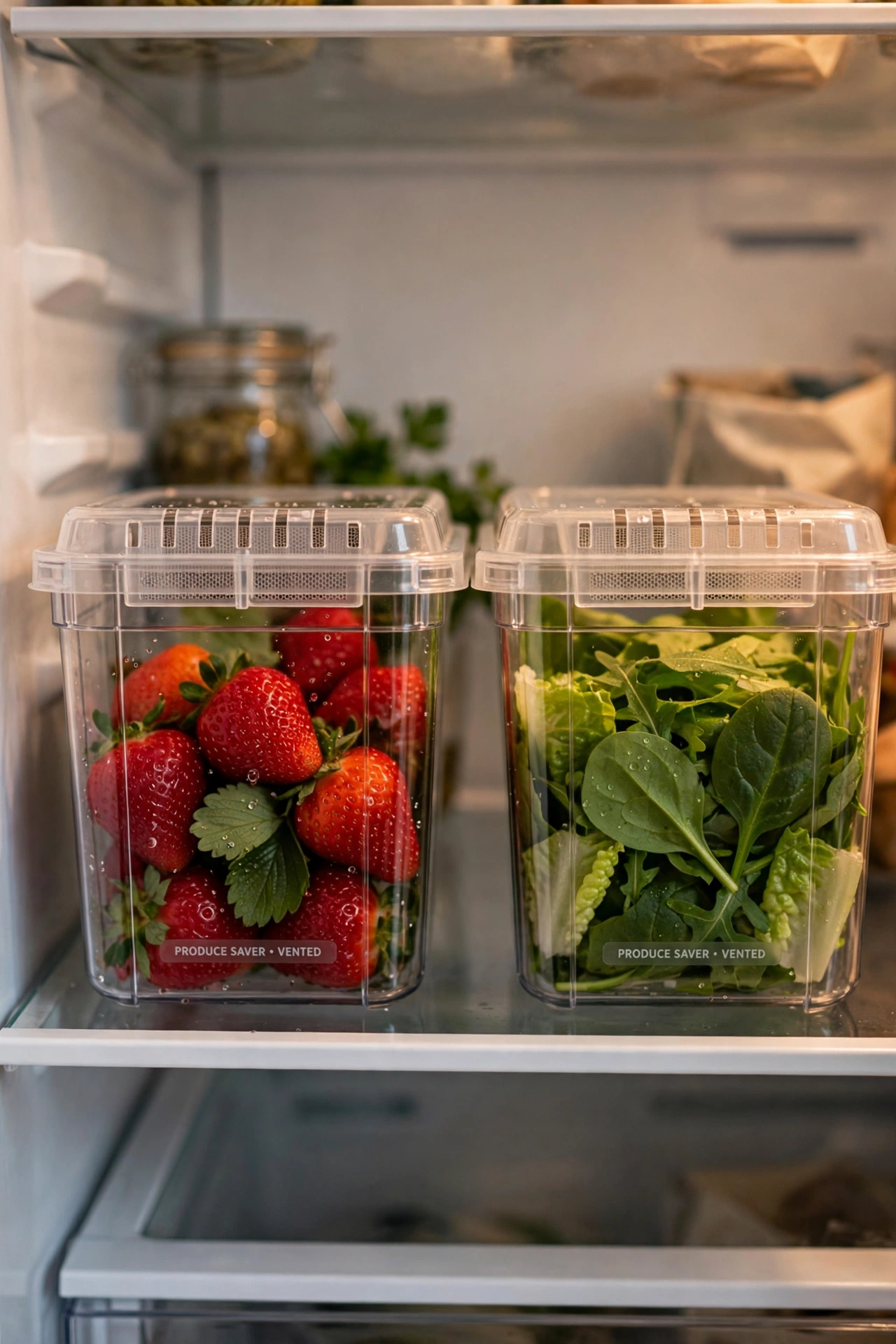 Vented produce saver containers with berries and salad leaves in a fridge