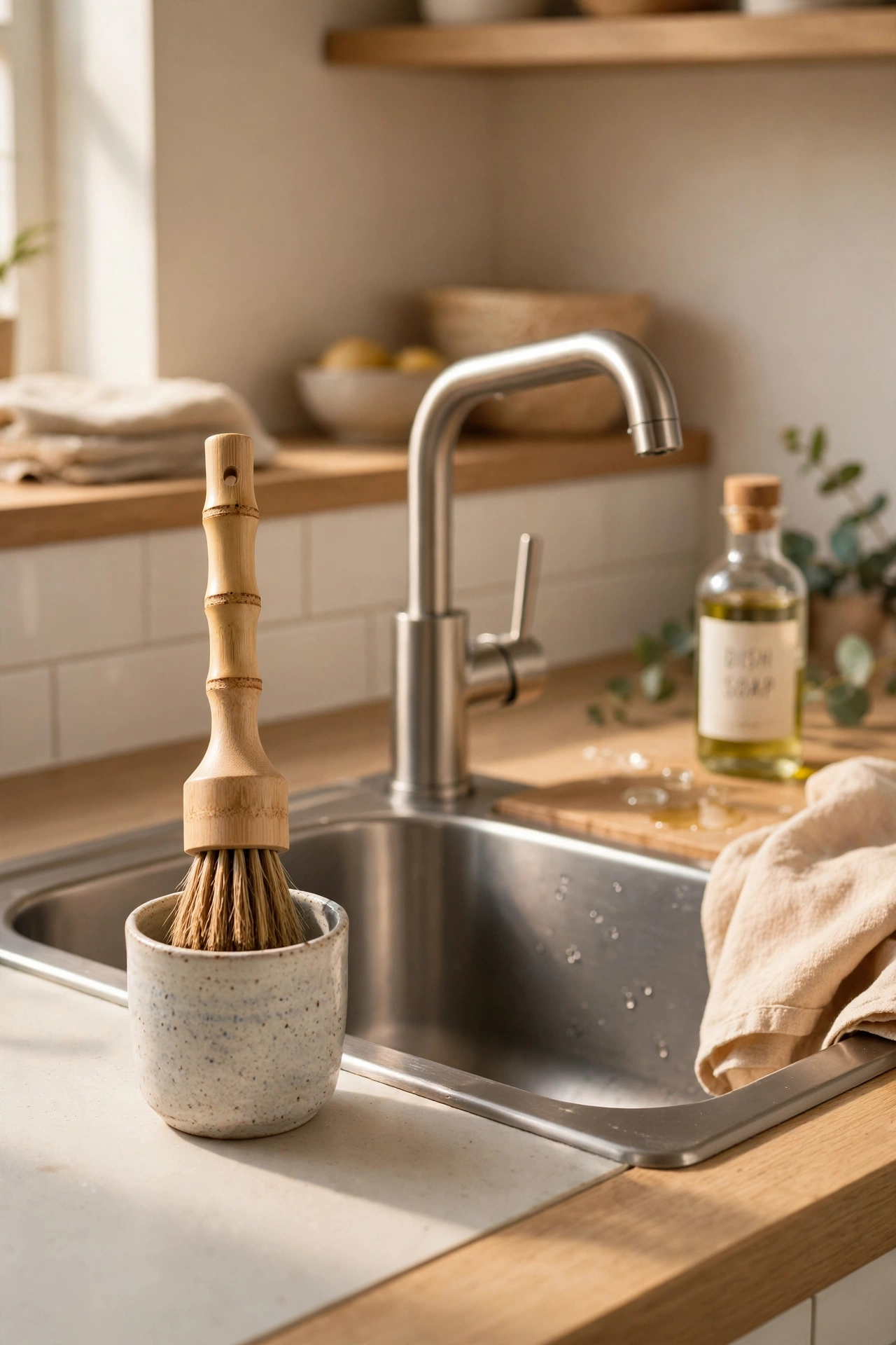 Bamboo dish brush with replaceable head standing in a cup by the sink