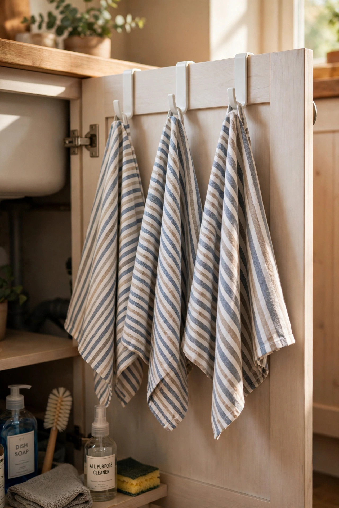 Over-cabinet-door hooks holding tea towels under a kitchen sink cupboard