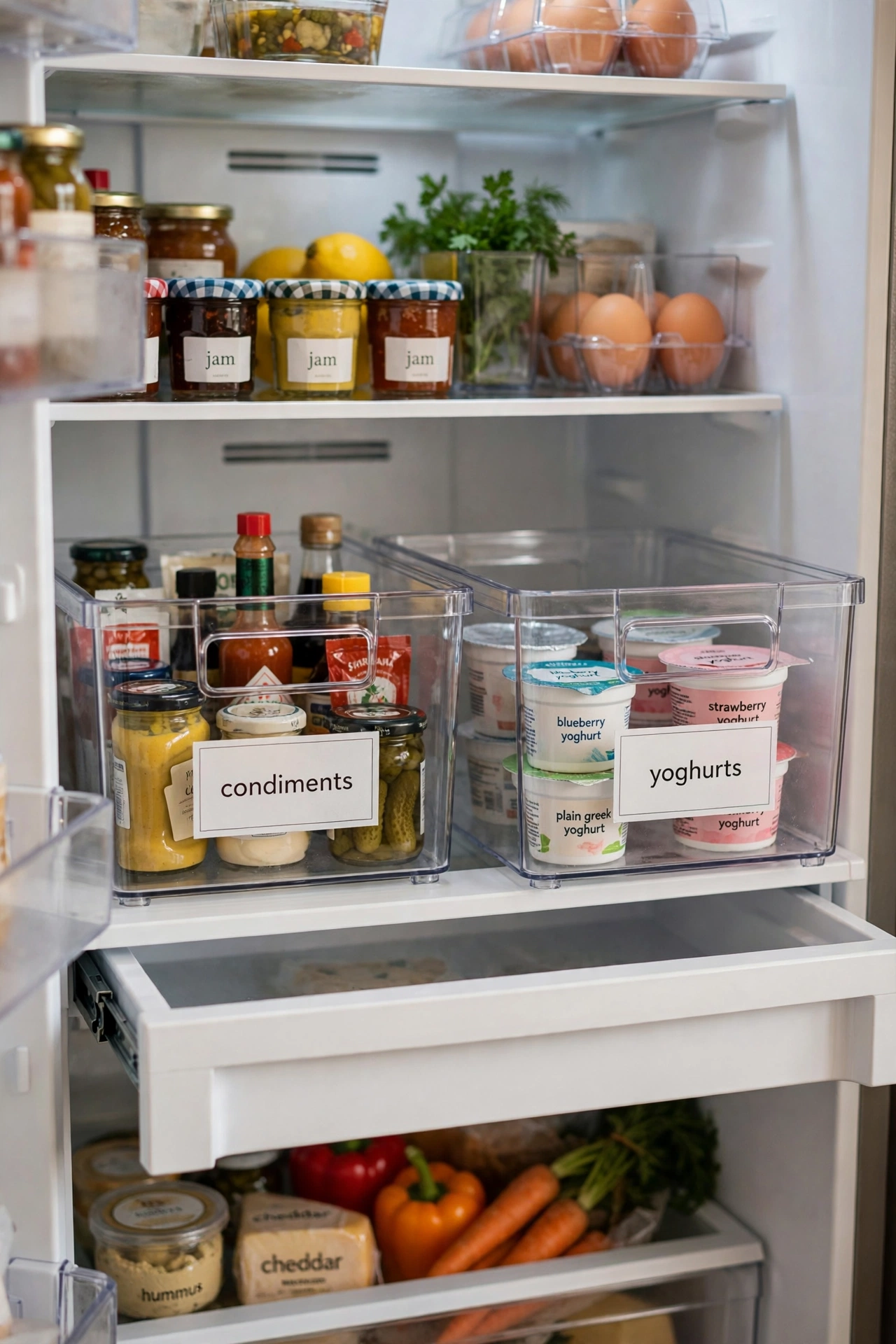 Clear stackable fridge bins organising condiments and yoghurts
