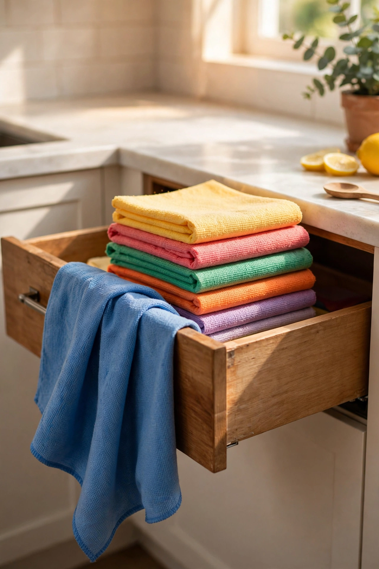 Stack of colourful microfibre cleaning cloths folded in a kitchen drawer
