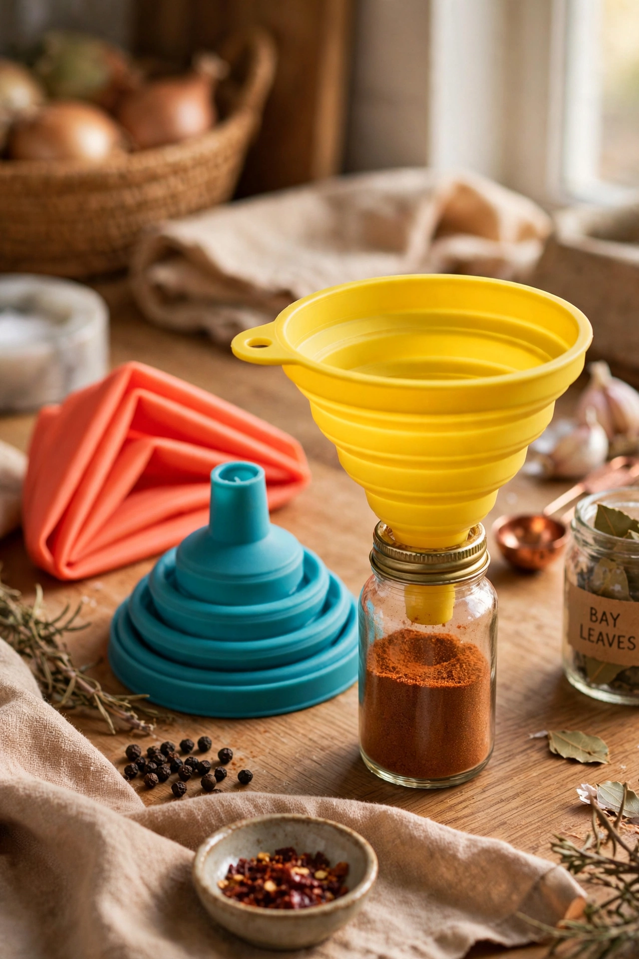 Collapsible silicone funnels in bright colours beside spice jars