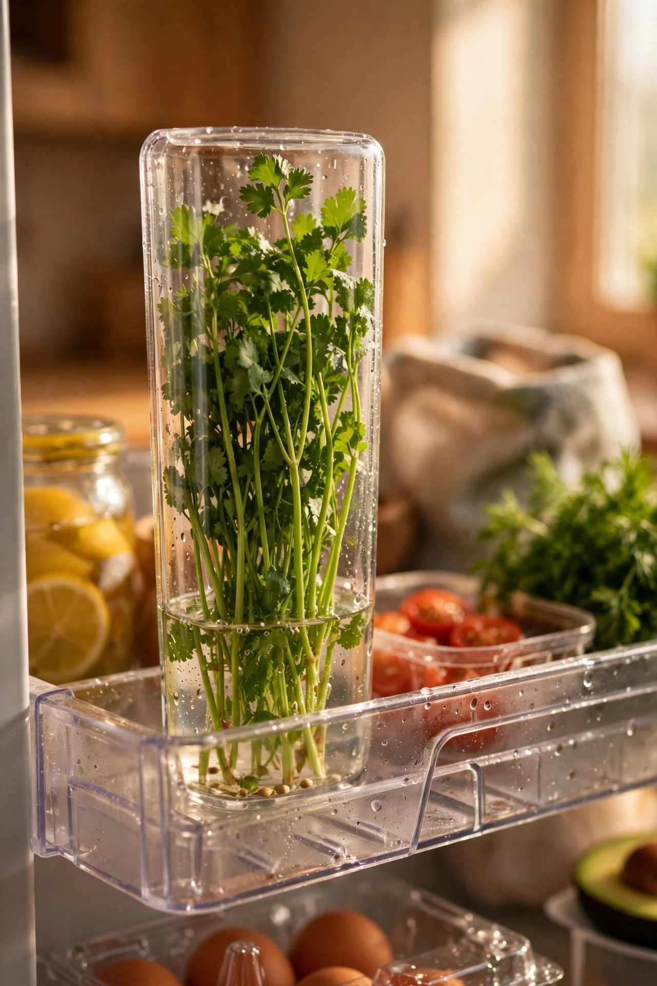 Tall herb keeper pod with fresh coriander standing in a fridge door
