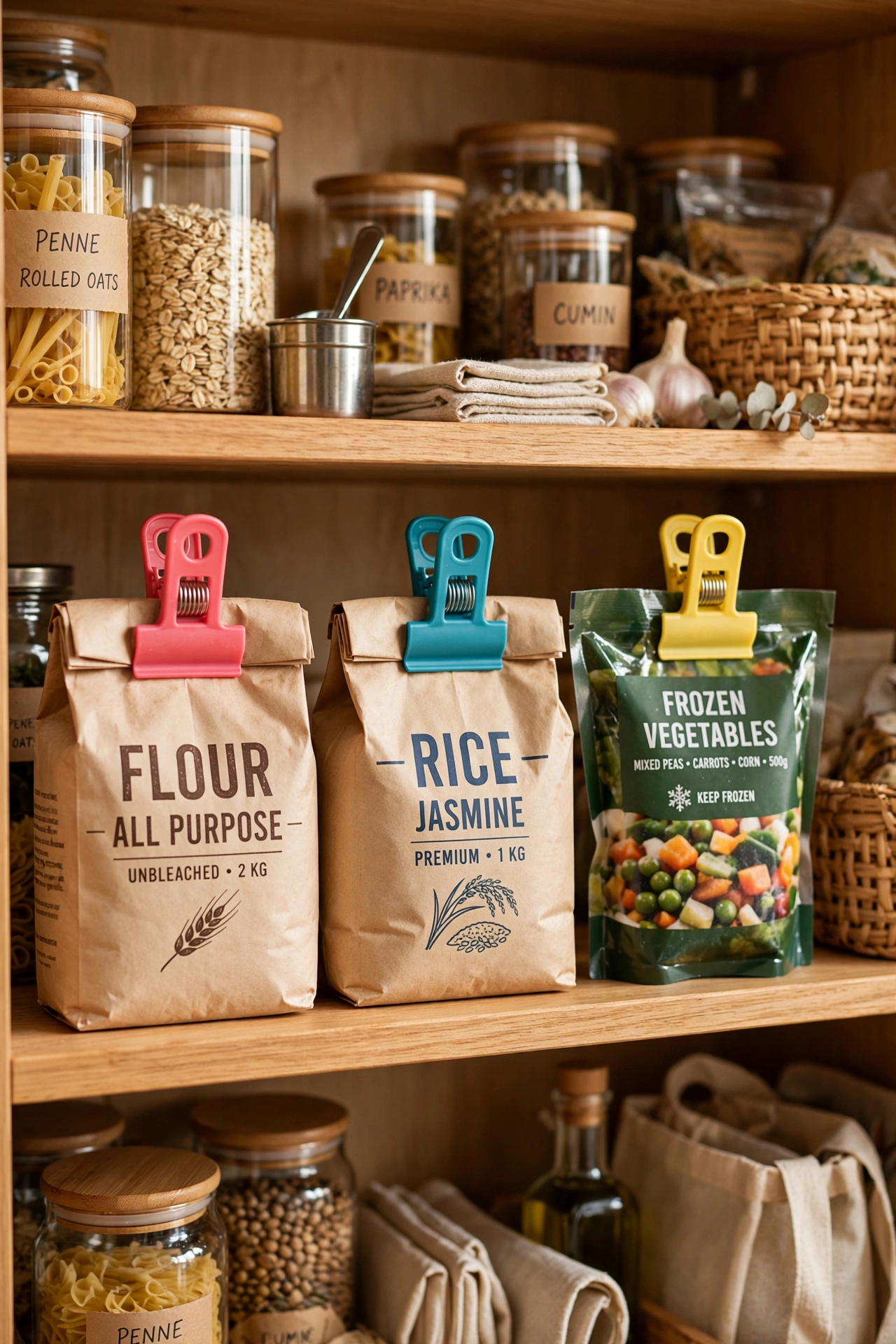 Sturdy bag clips sealing open packets of flour and rice in a pantry