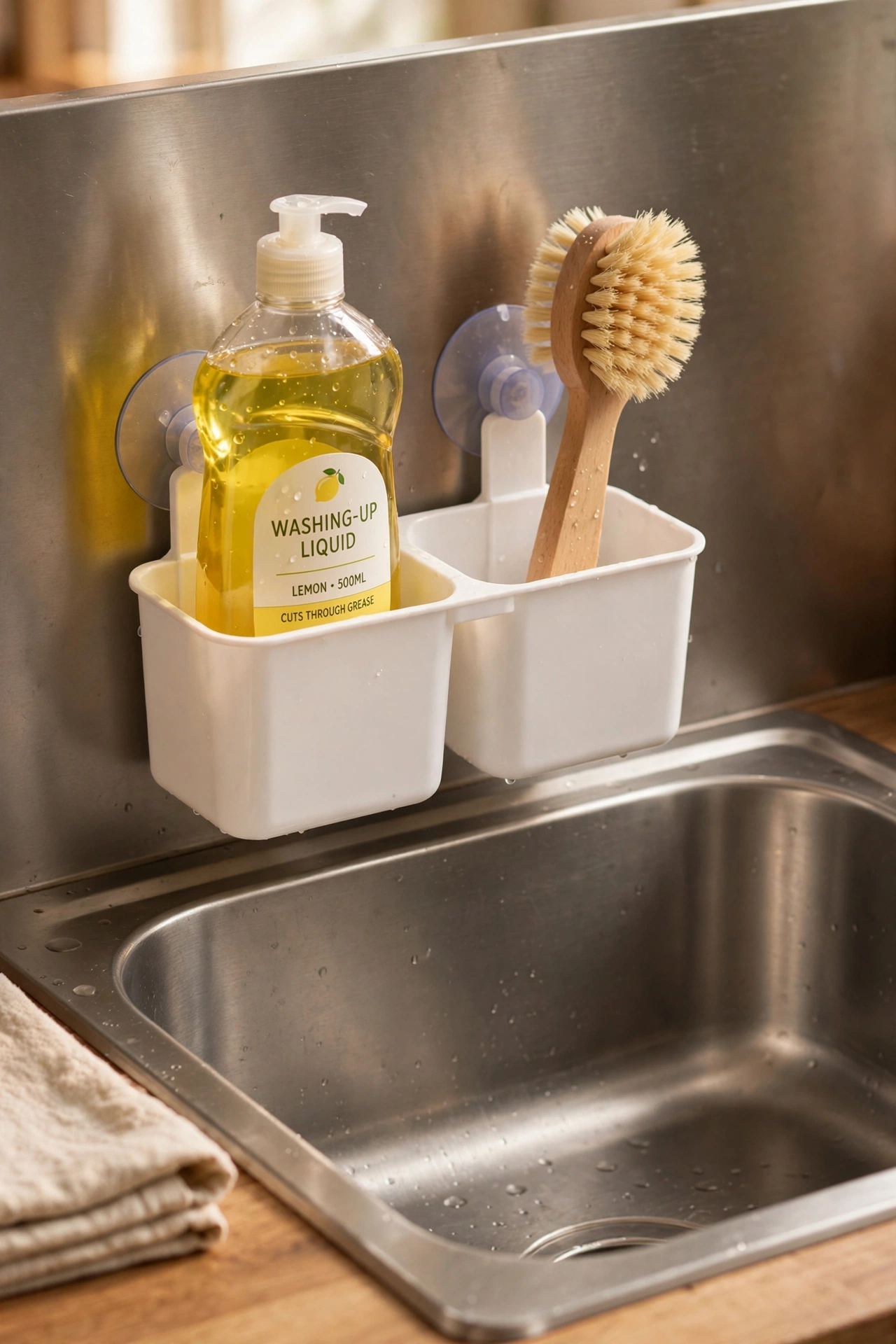 Two-compartment sink caddy with suction cups holding washing-up liquid