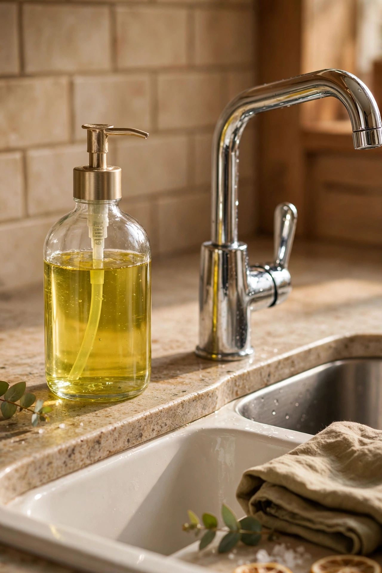 Glass pump soap dispenser with washing-up liquid beside a kitchen tap