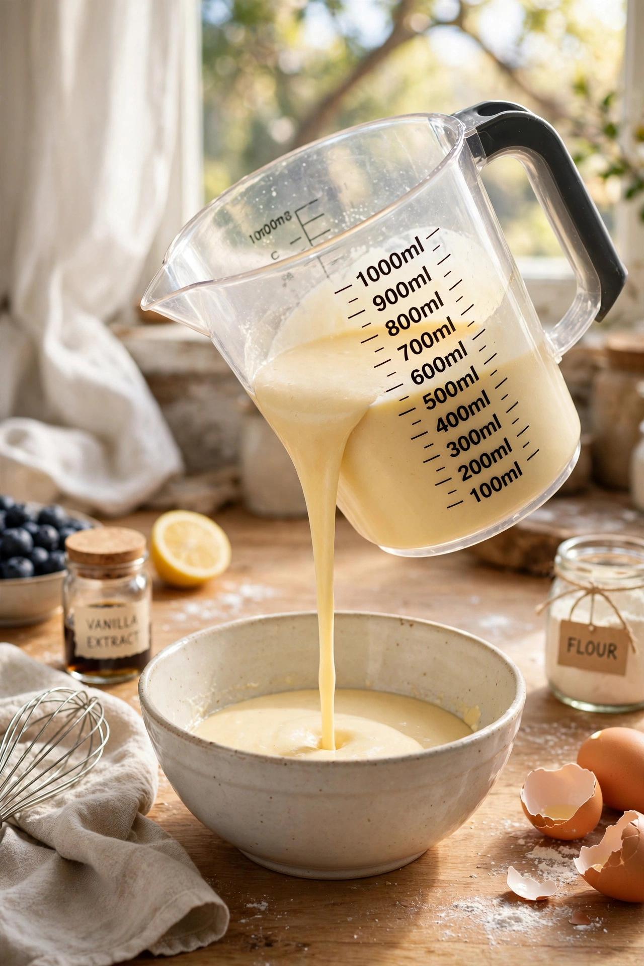 Sturdy measuring jug with bold markings pouring batter into a bowl