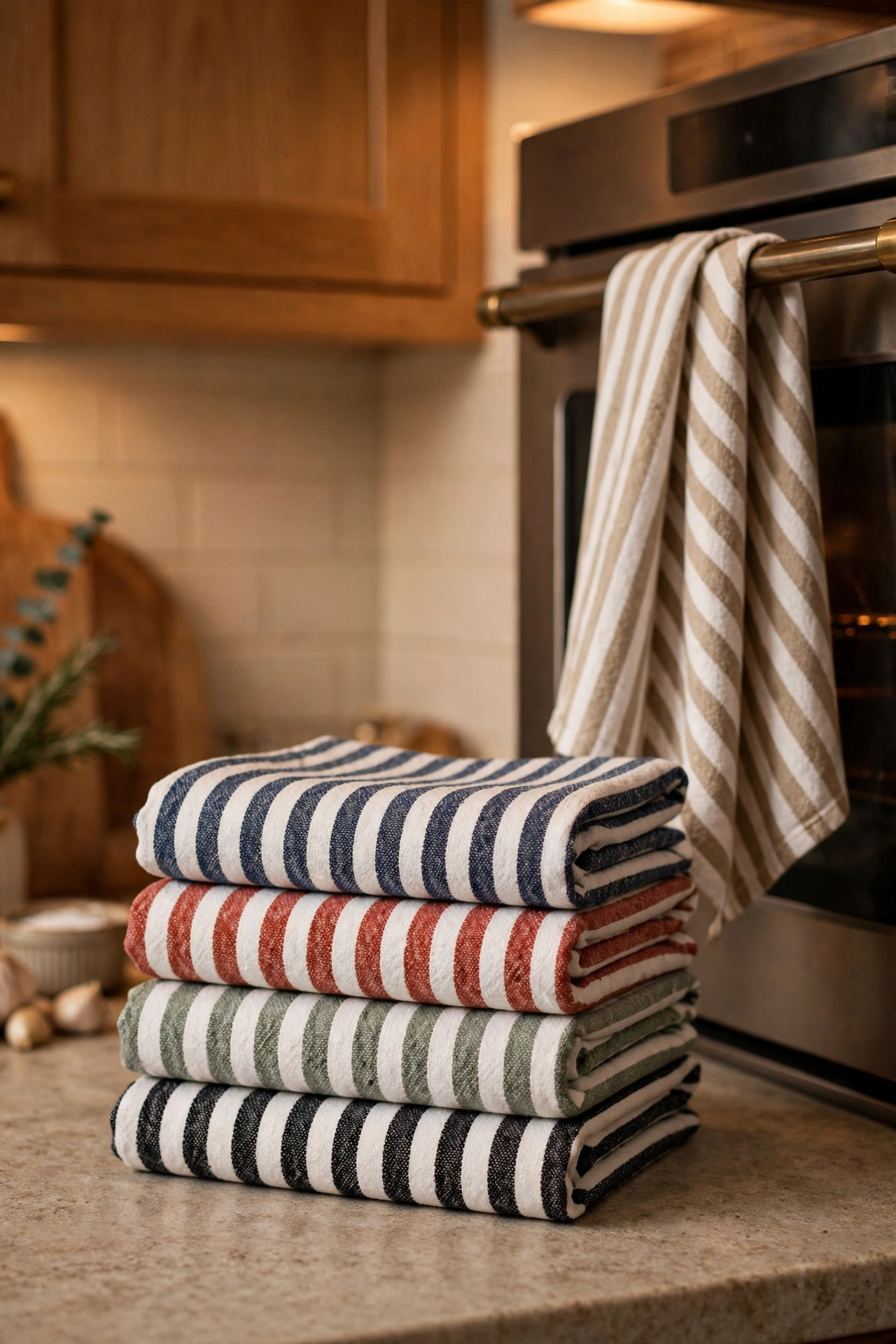 Set of thick striped cotton tea towels folded on a kitchen worktop