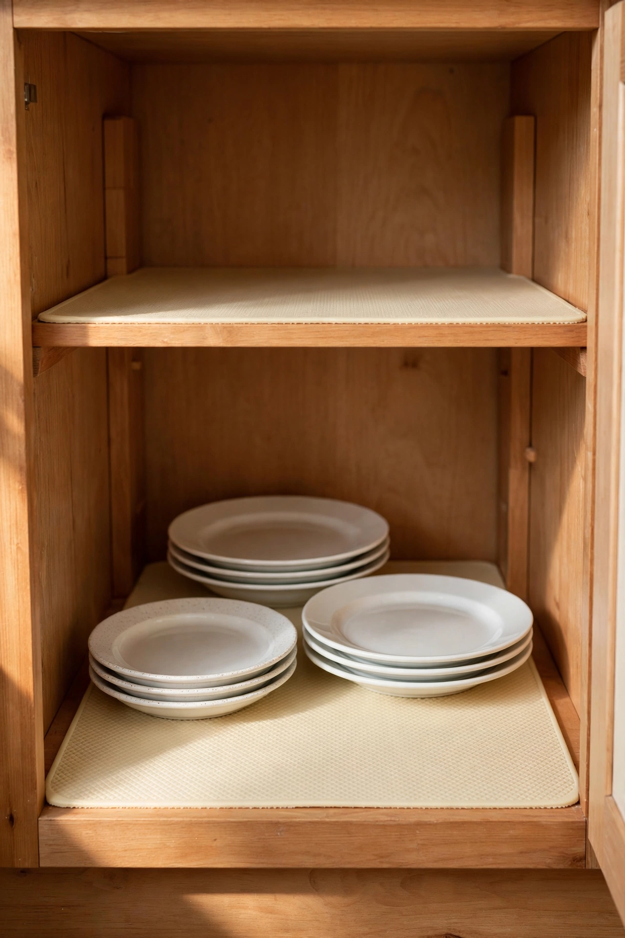 Non-slip shelf liner cut to fit inside a kitchen cupboard under plates
