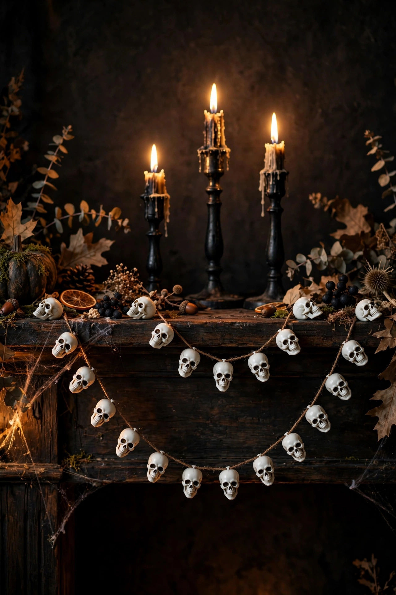String of small plastic skulls draped in a swag across a mantelpiece