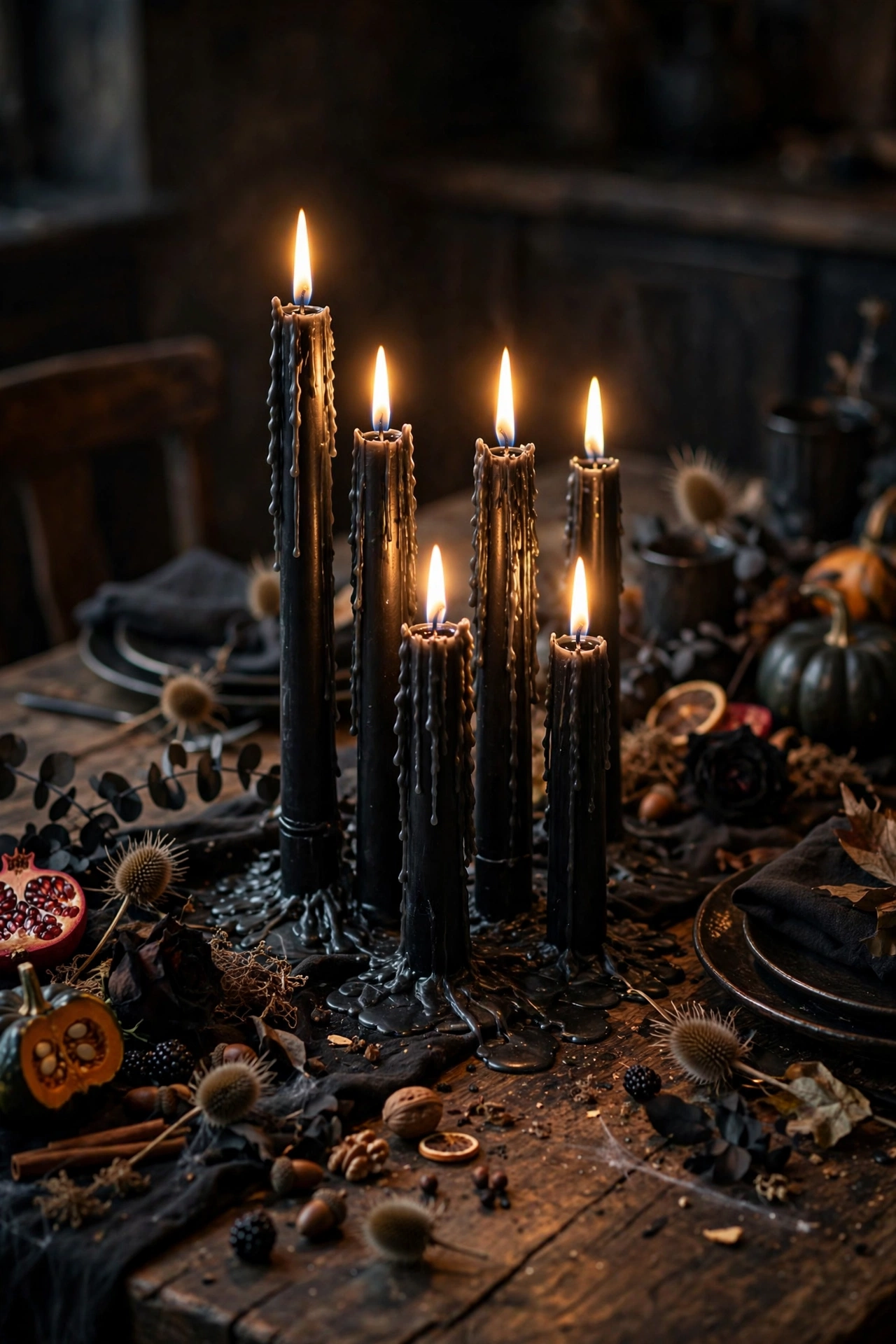 Black taper candlesticks in mixed heights on a Halloween dining table