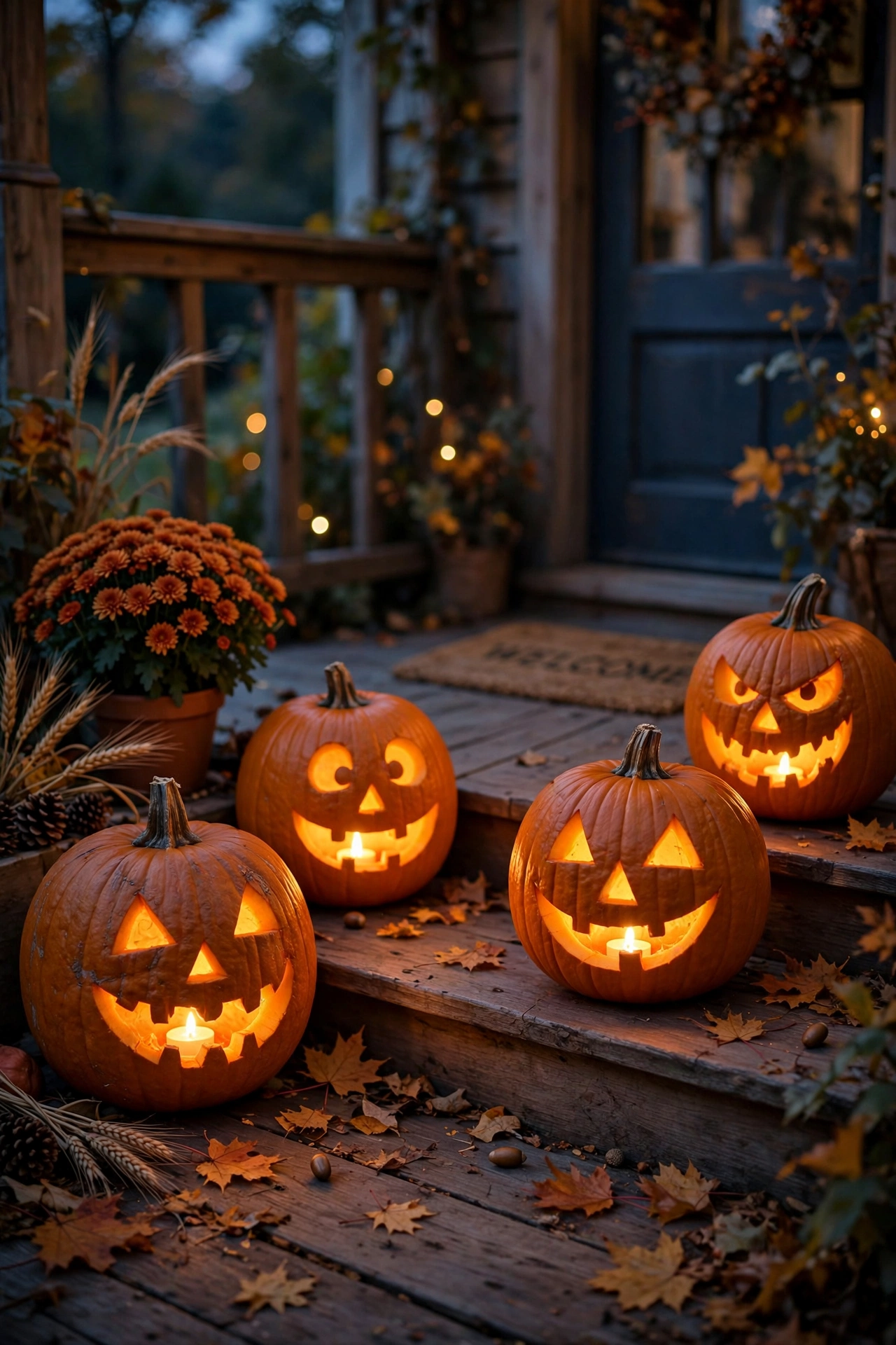 Flickering LED tea lights glowing inside carved pumpkins on a porch