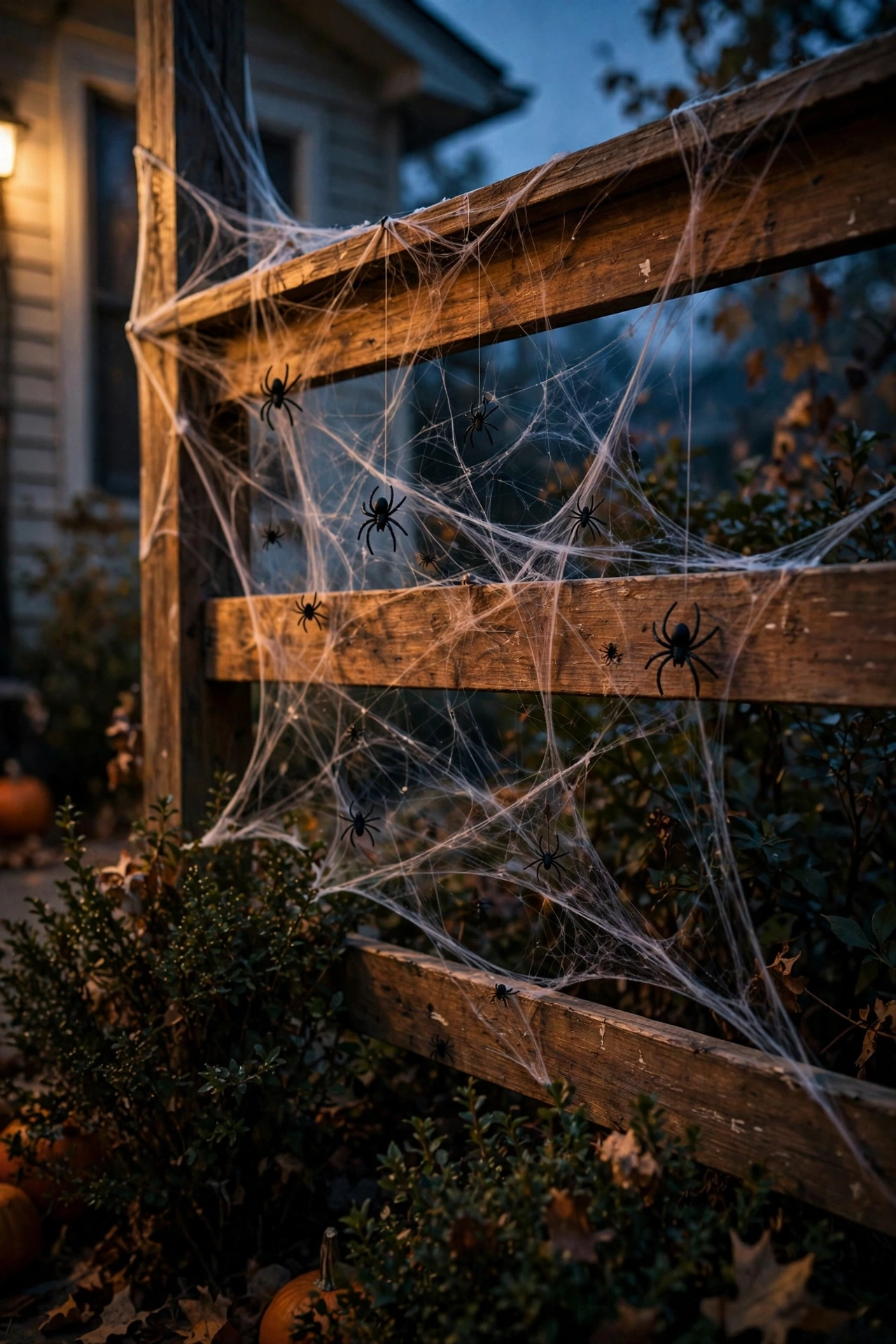 Stretchy faux spiderweb with plastic spiders over a porch railing