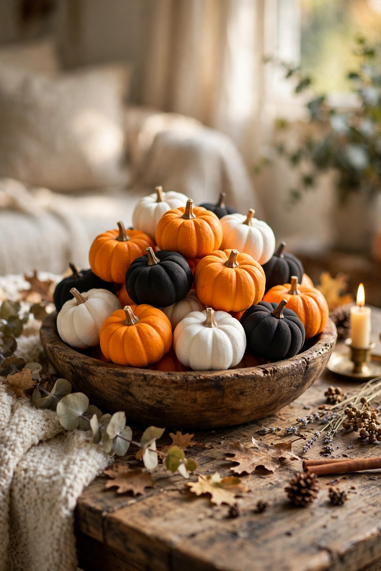Mini foam pumpkins in orange white and black piled in a wooden bowl