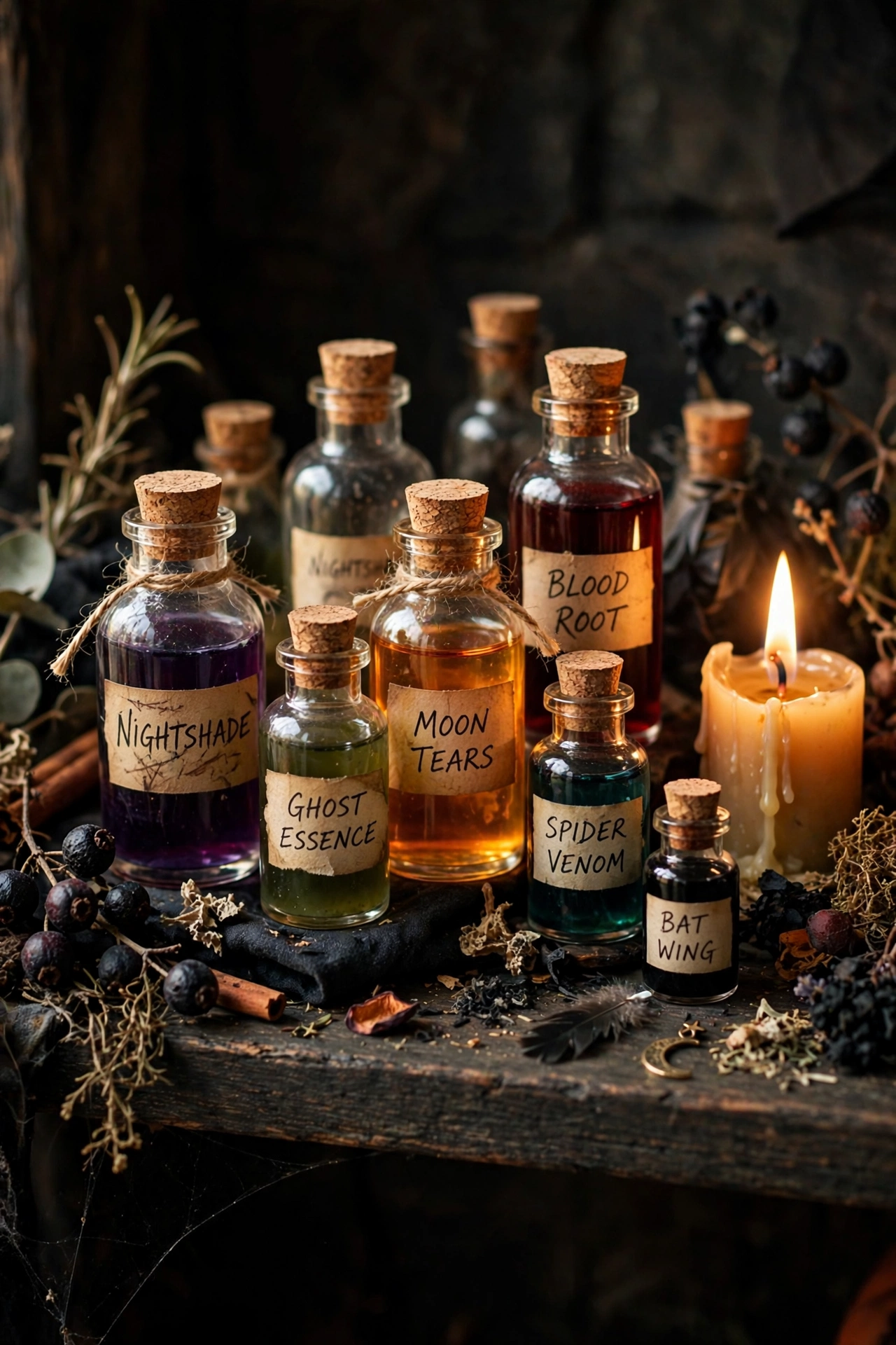 Small corked potion bottles with handwritten labels on a shelf